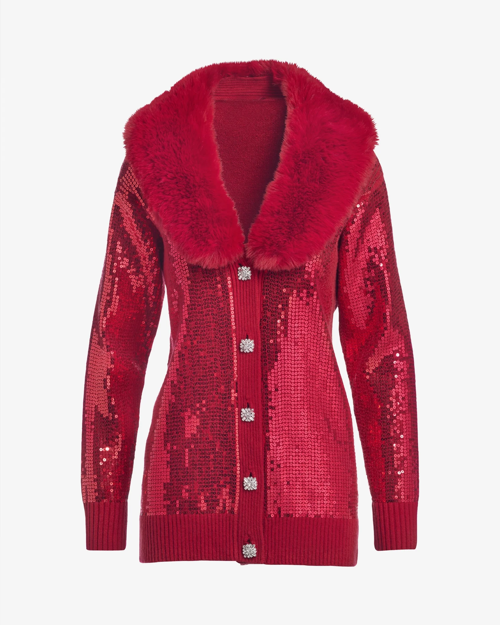 Sequin Embellished Faux Fur Collar Cardigan Jester Red - Mycitystee