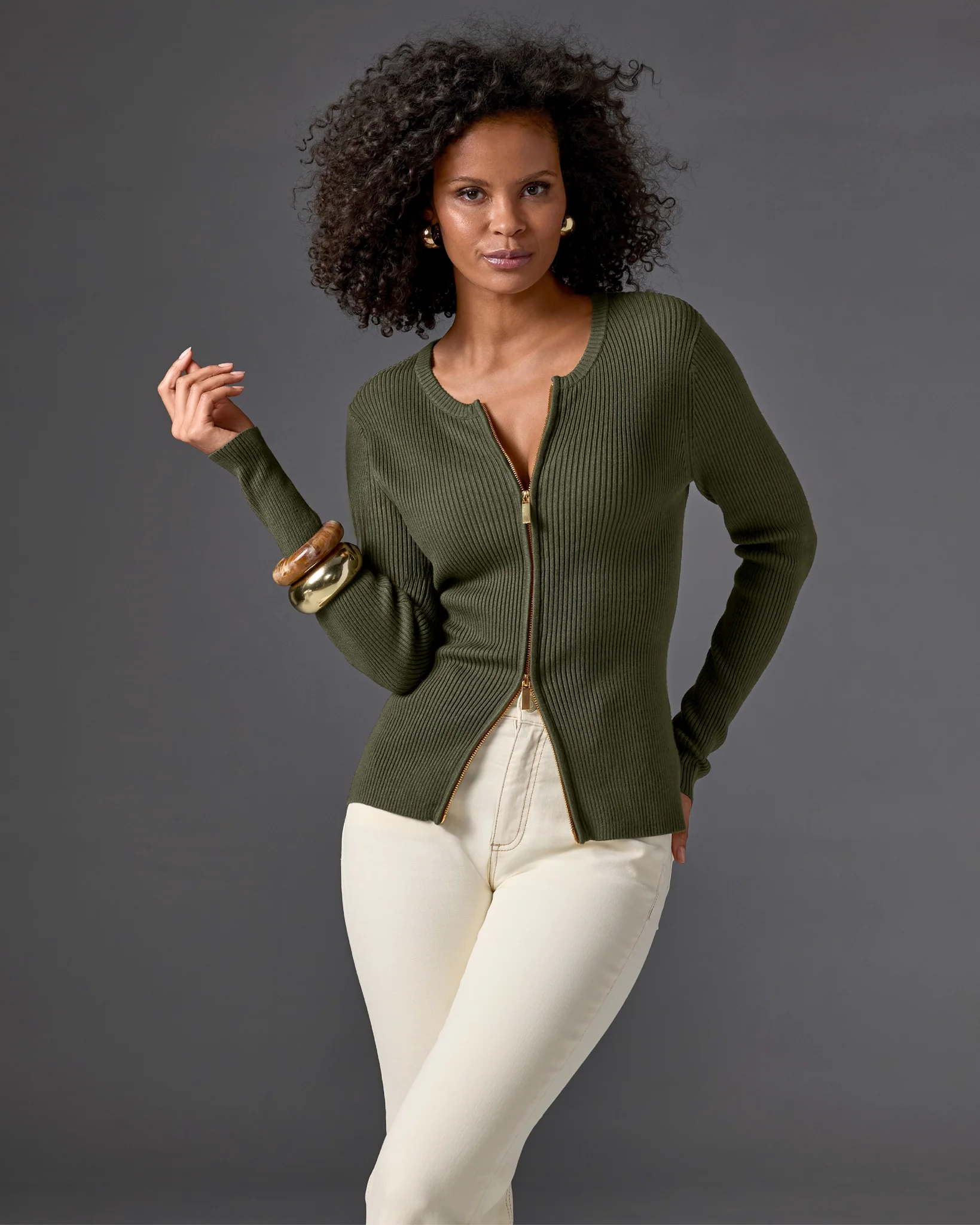 Ribbed Collarless Full Zip Cardigan Olive Night - Mycitystee