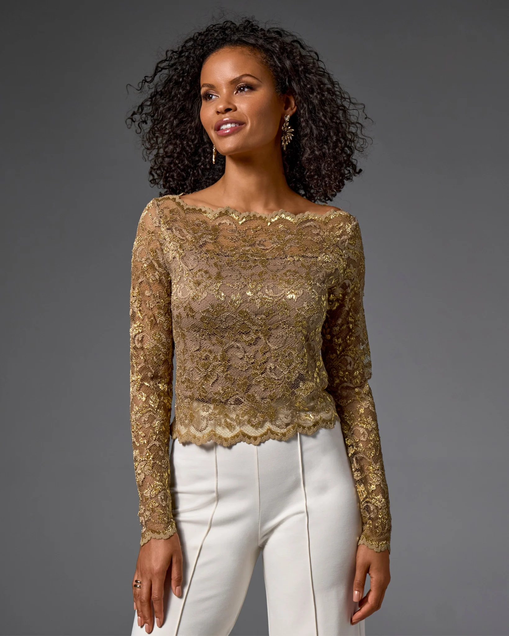 Metallic Lace Shoulder Skimming Knit Top Gold - Mycitystee