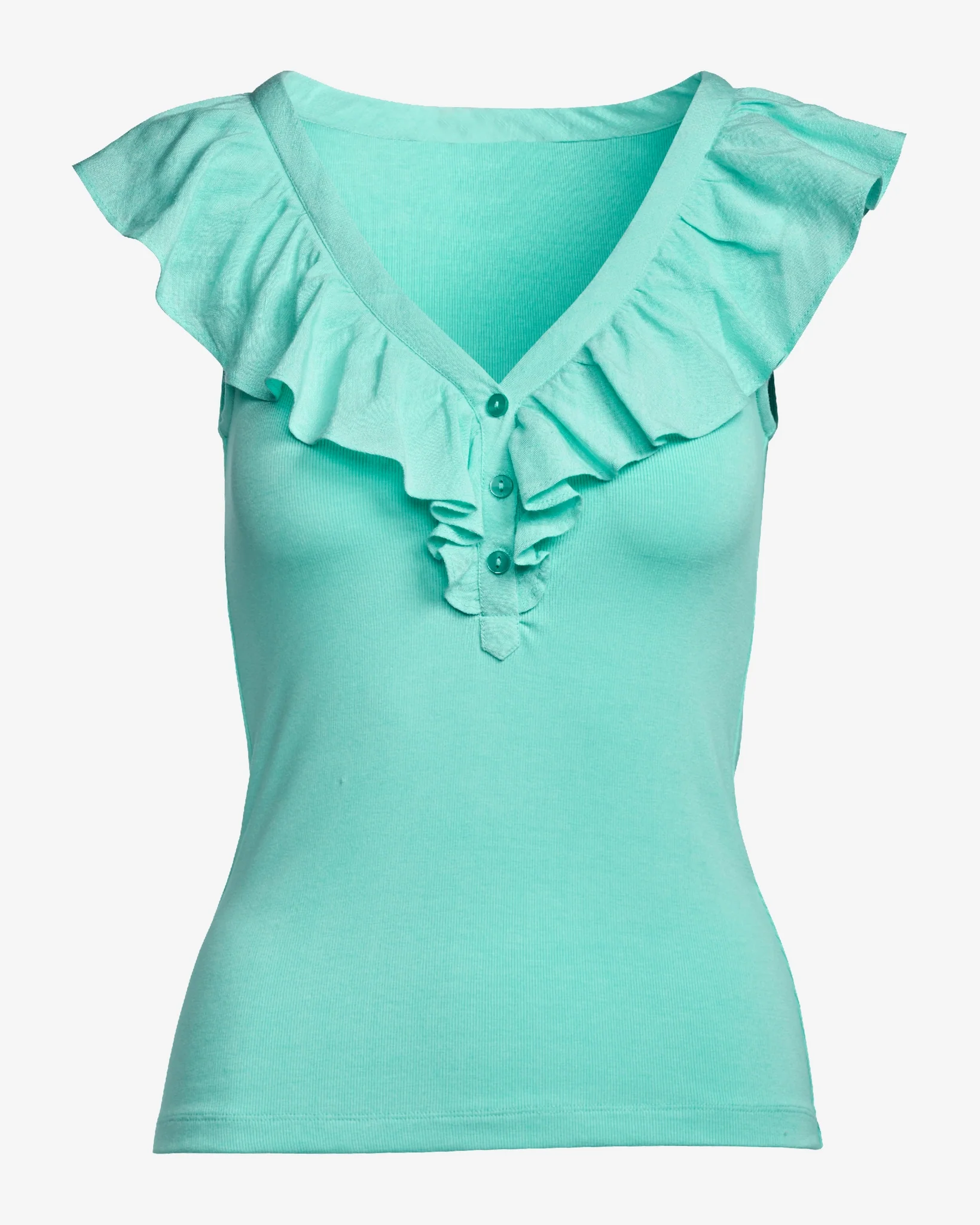 Linen Ruffle Henley Ribbed Top Aqua Splash - Mycitystee
