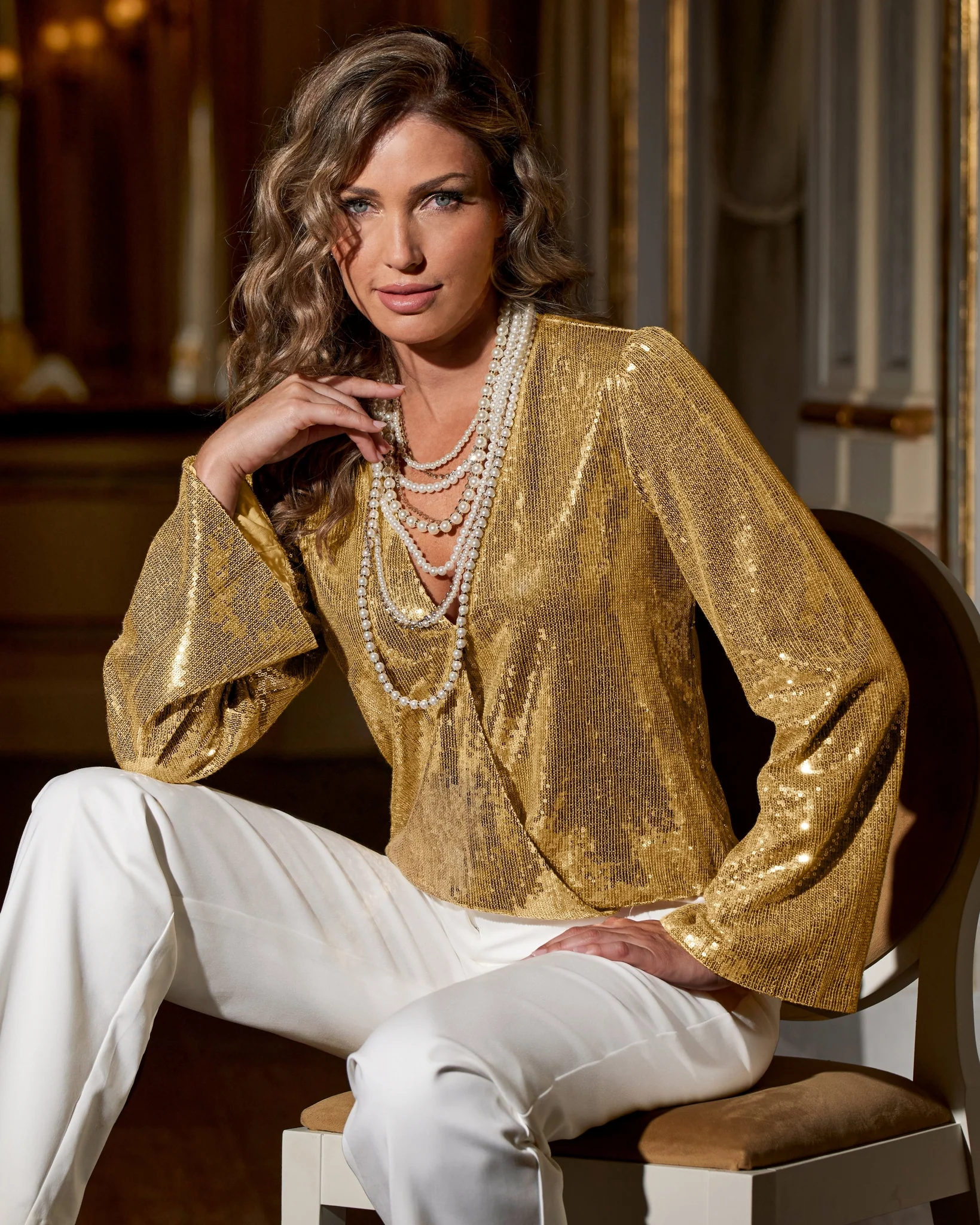 Sequin Flare Sleeve Surplice Blouse Gold - Mycitystee