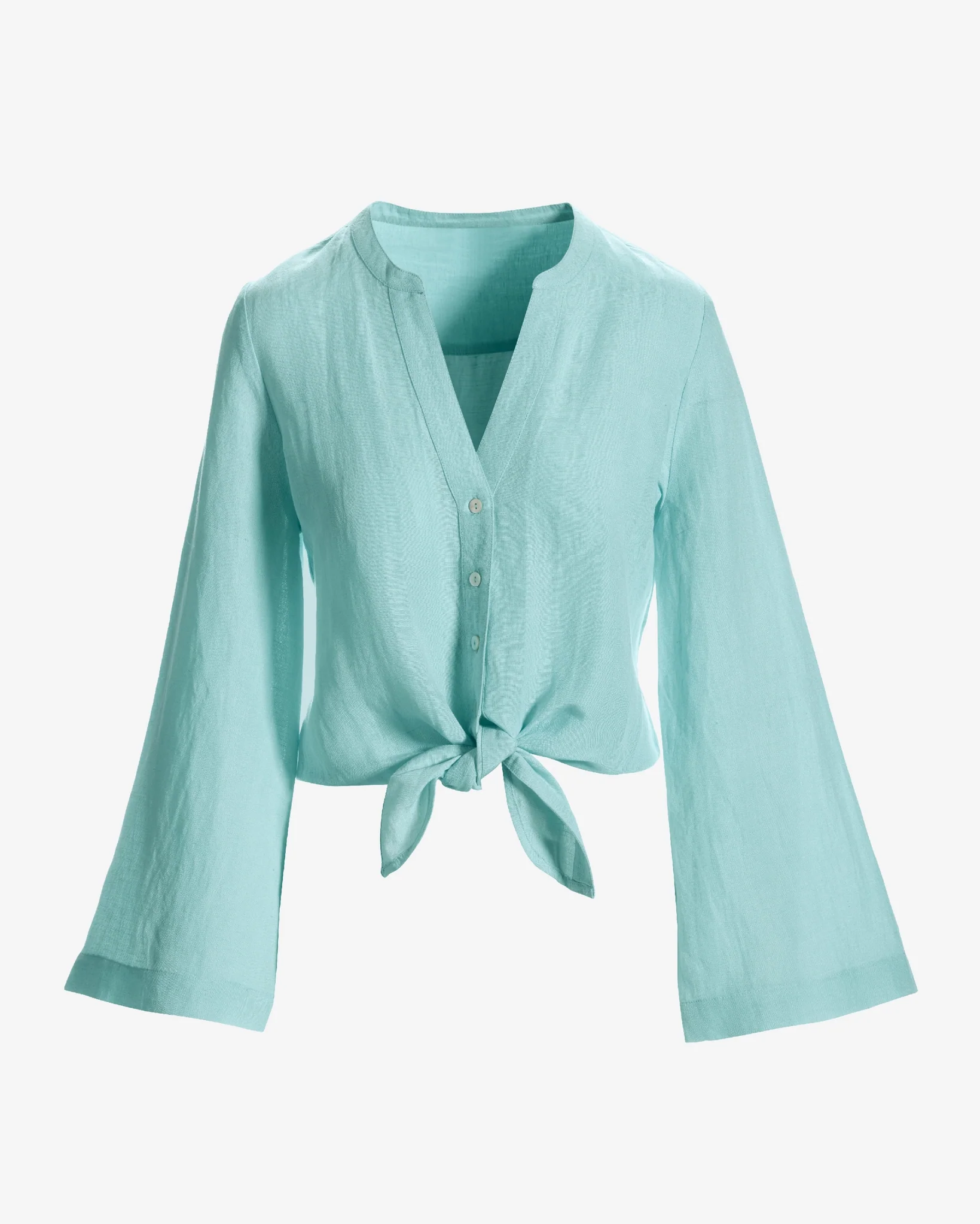 Linen Flare Sleeve Tie Front Shirt Aqua Splash - Mycitystee