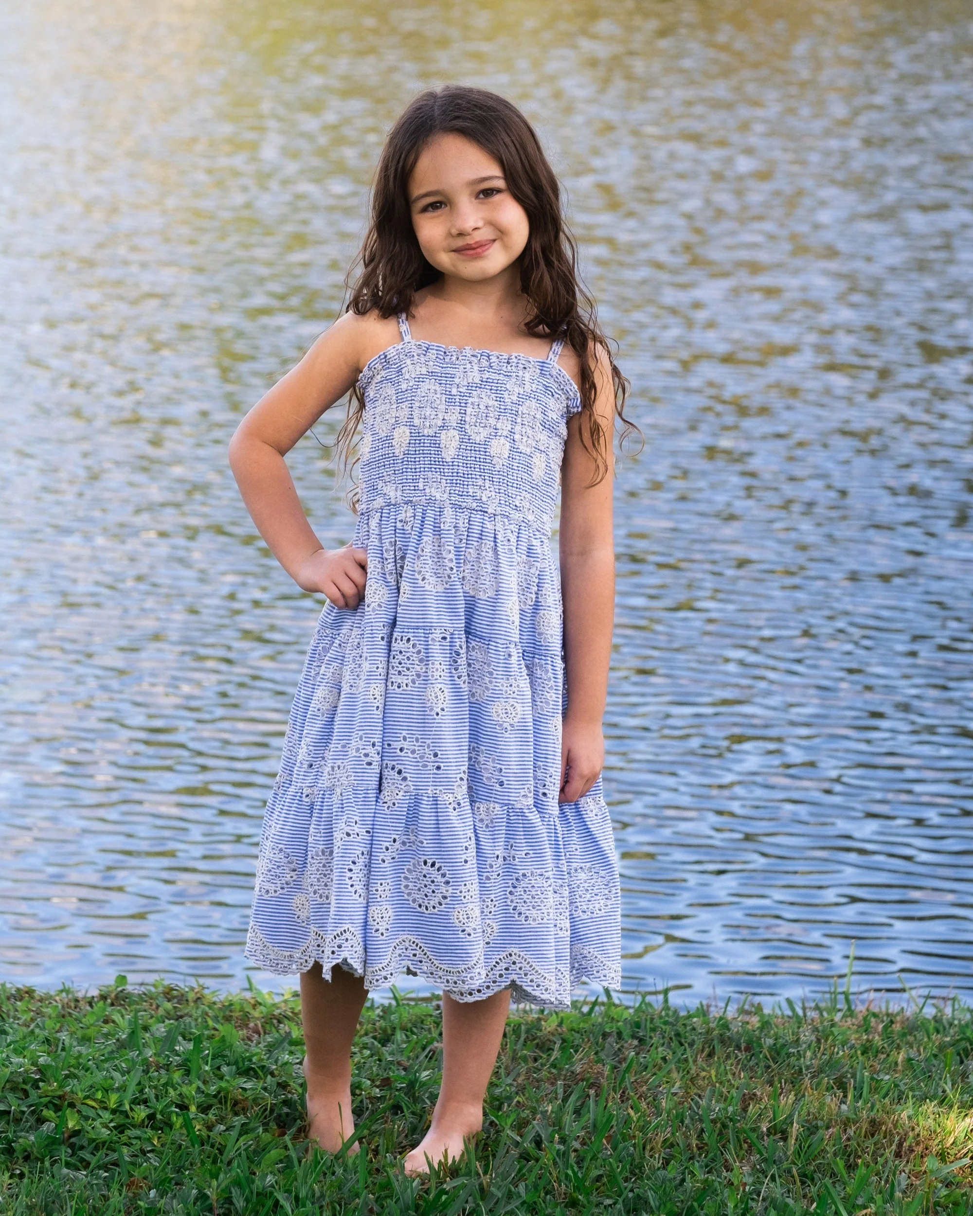 Girls Lila Dress In Sky/Natural Eyelet - Mycitystee