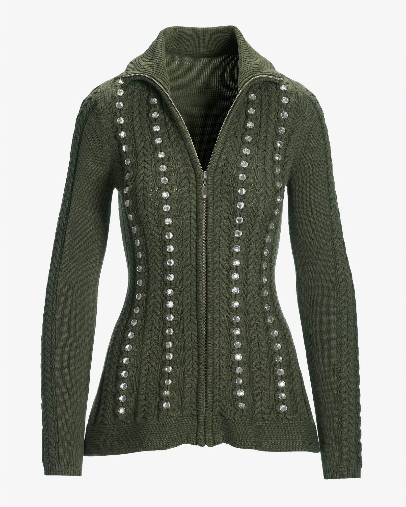 Turtleneck Zip Up Cable Embellished Cardigan Sweater Olive Night - Mycitystee