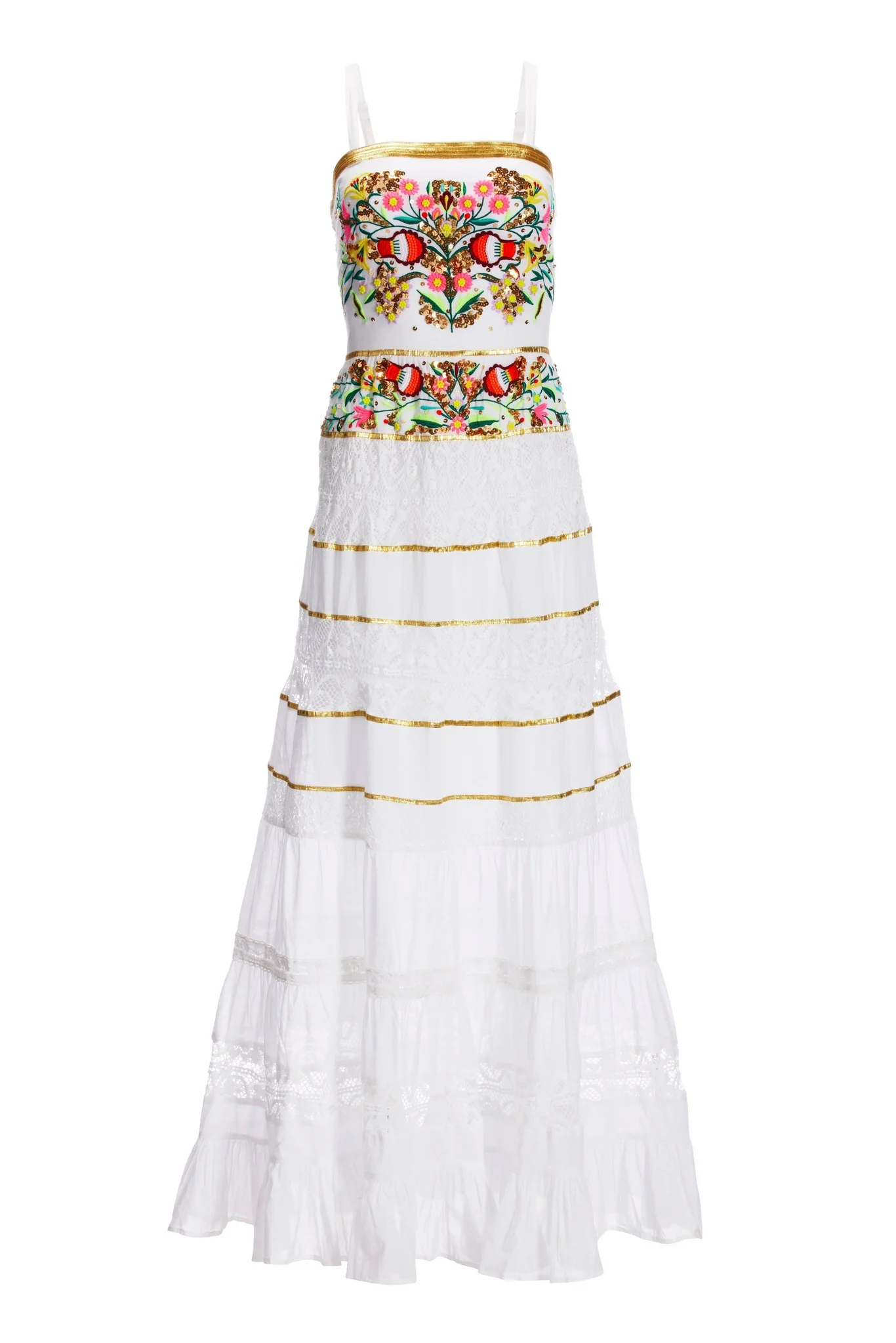 Sequin and Embroidered Lace Inset Maxi White Multi - Mycitystee