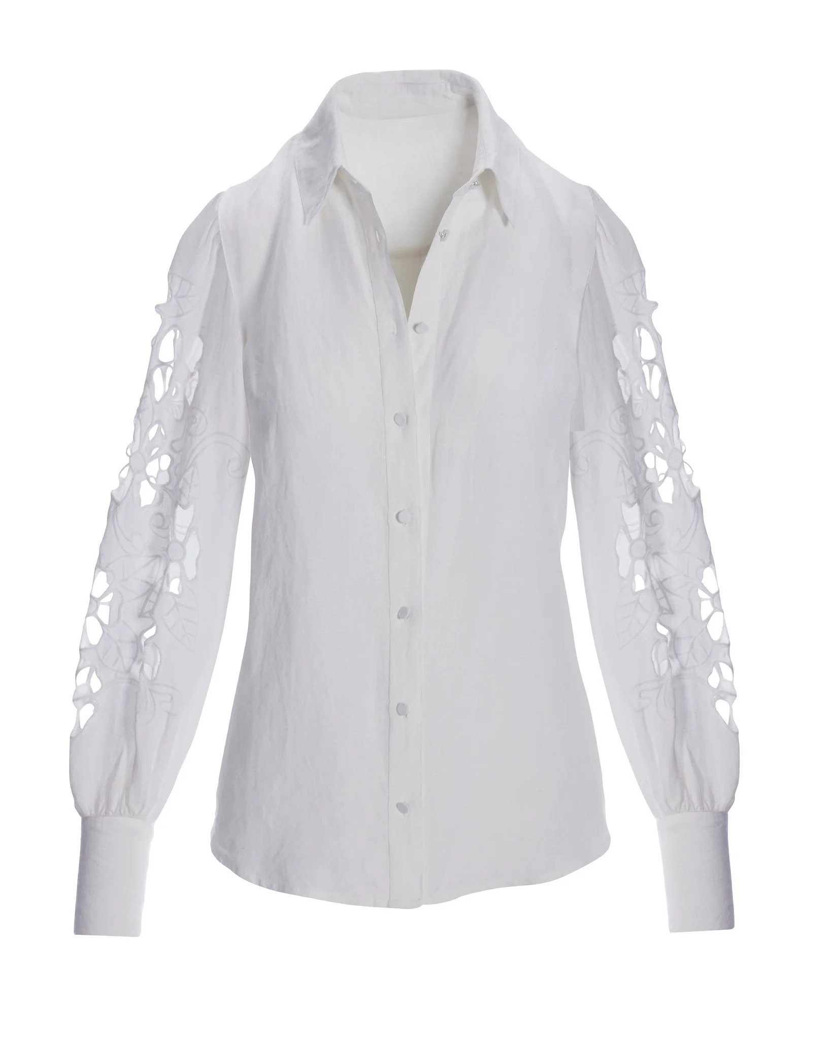 Openwork Embroidered Linen Button-Up Shirt White - Mycitystee