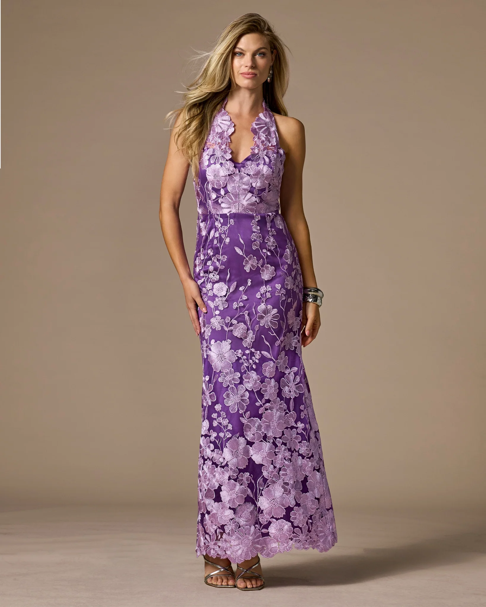 Scallop Detail Halter Embroidered Mesh Gown Lavender - Mycitystee