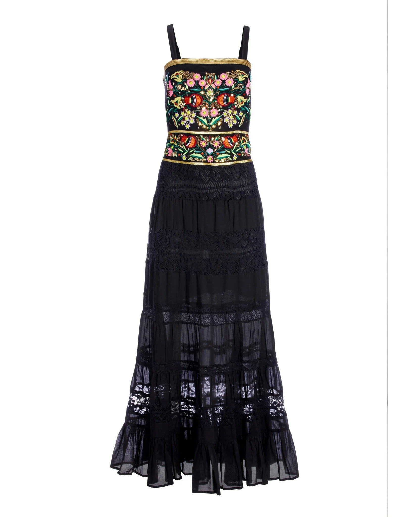 Sequin and Embroidered Lace Inset Maxi Black Multi - Mycitystee