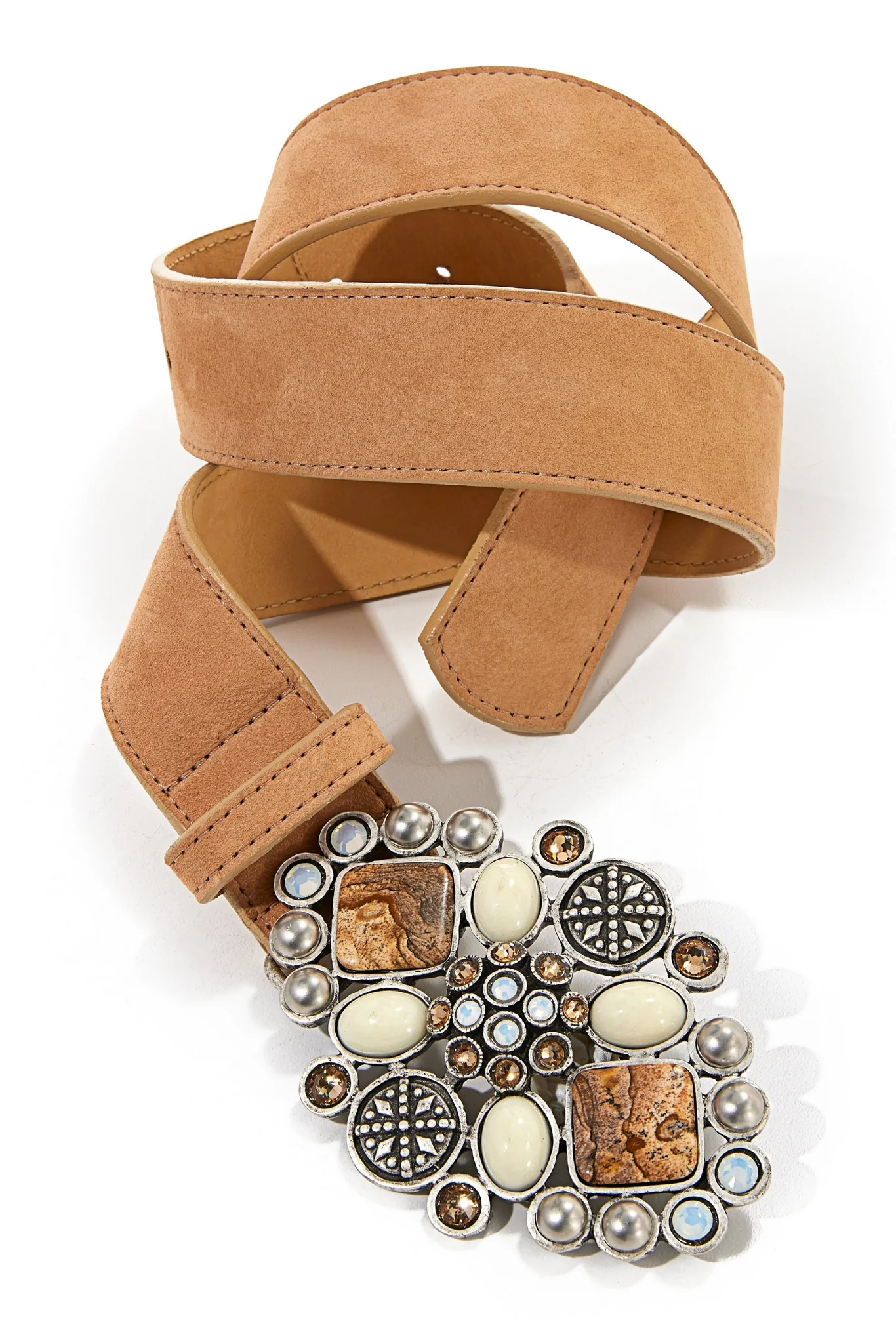 Marble And Gem Detail Leather Belt Tan Multi - Mycitystee