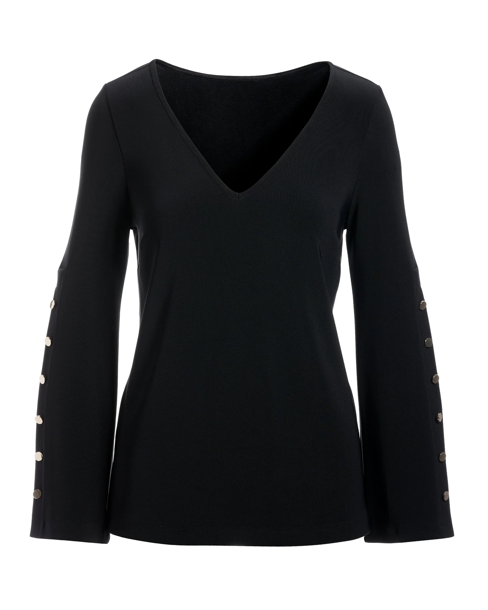 Beyond Travel V-Neck Button Detail Bell Sleeve Top Jet Black - Mycitystee