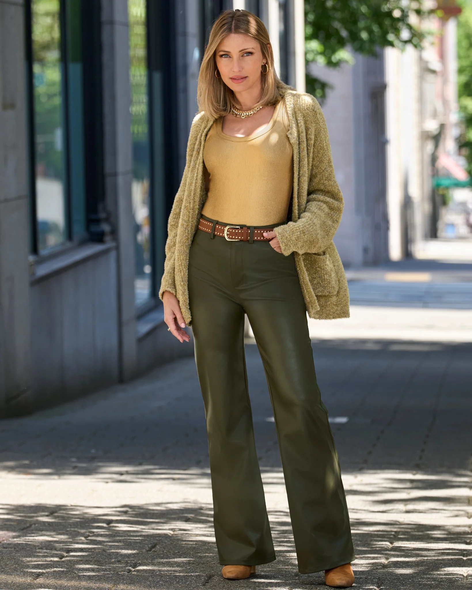 Malibu Wide Leg Five Pocket Faux Leather Pant Olive - Mycitystee