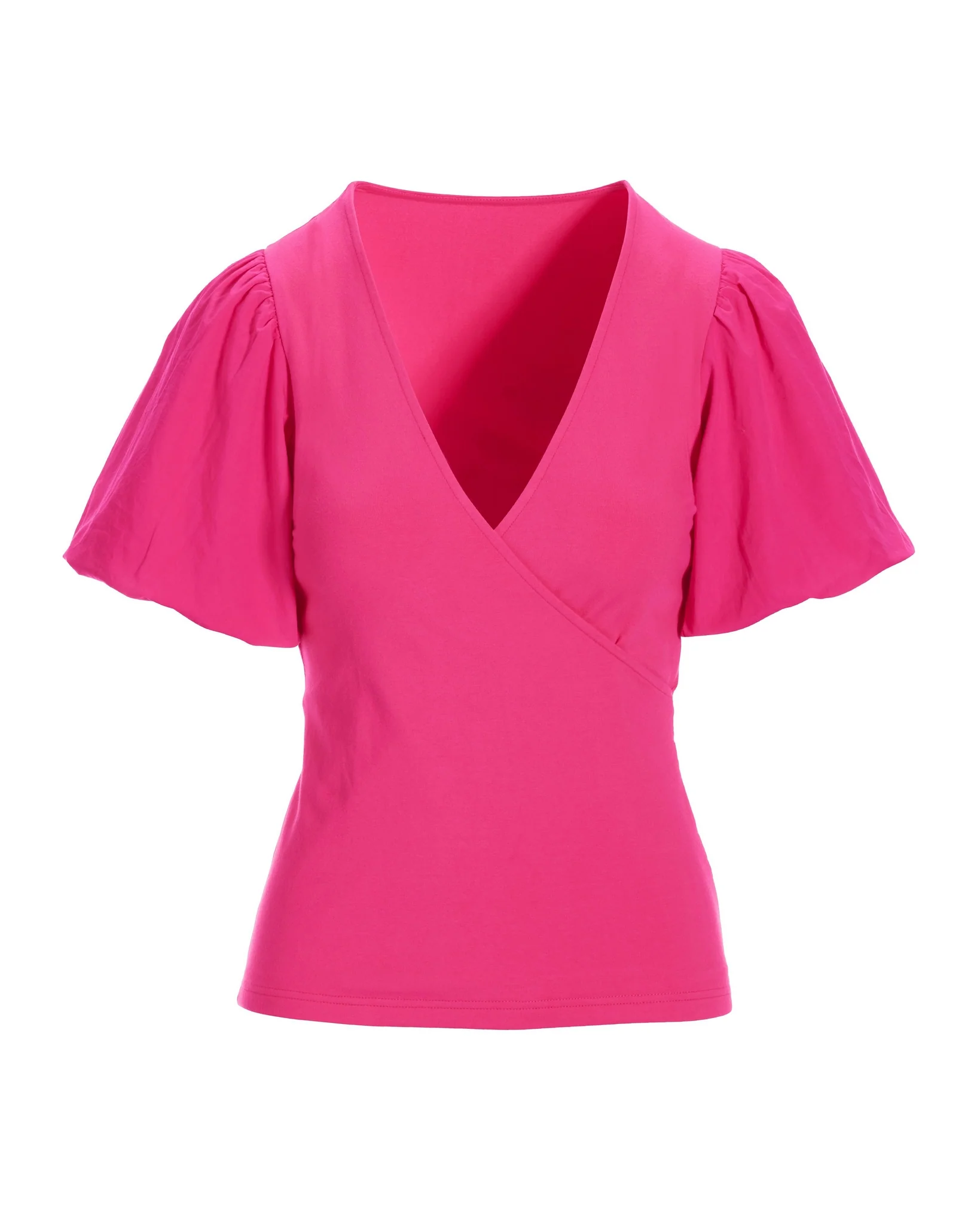 Poplin Puff-Sleeve Surplice Knit Top Fandango Pink - Mycitystee