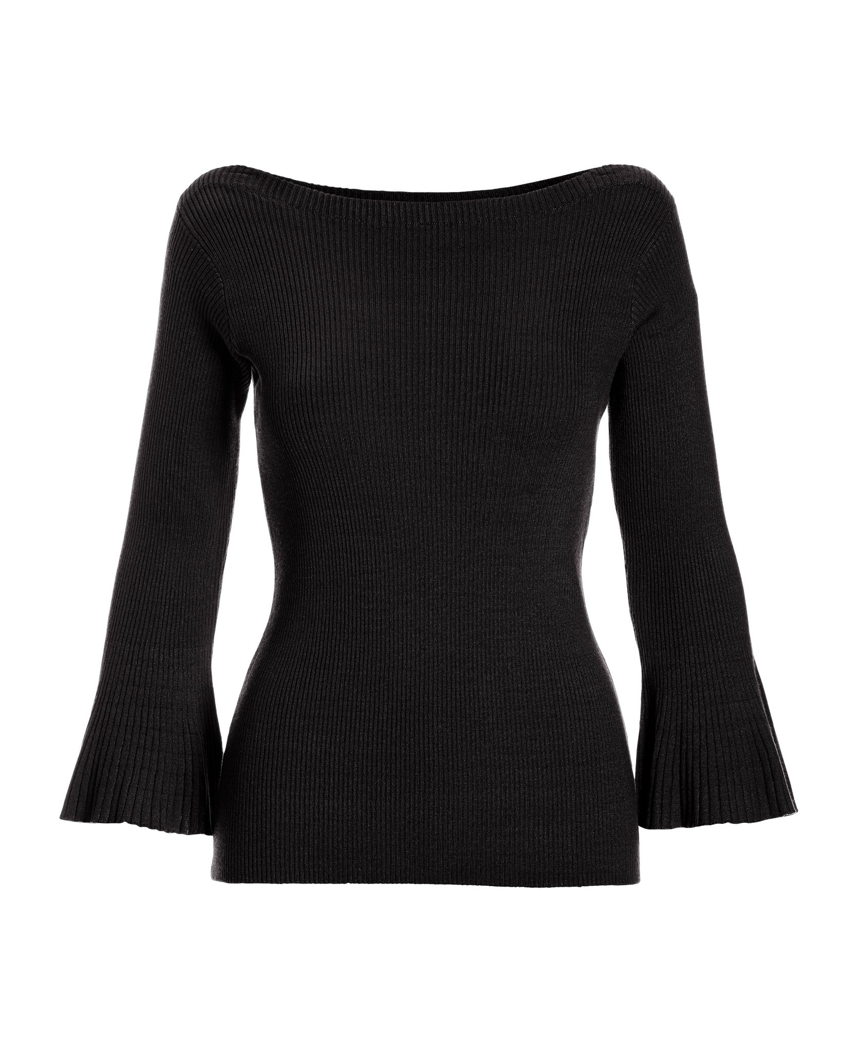 Ribbed Boatneck Flare Sleeve Sweater Black - Mycitystee