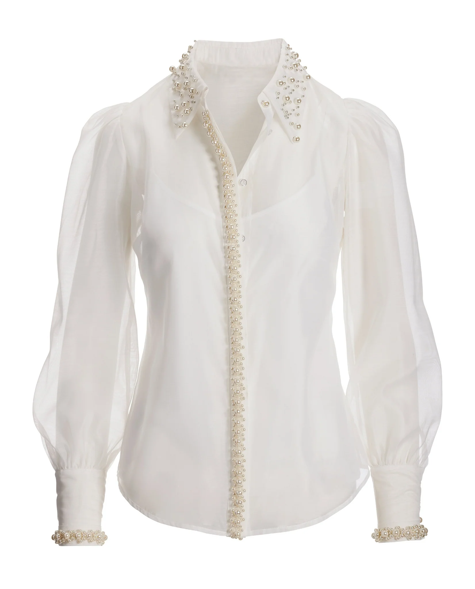 Pearl Embellished Organza Victoria Drama Sleeve Shirt White - Mycitystee