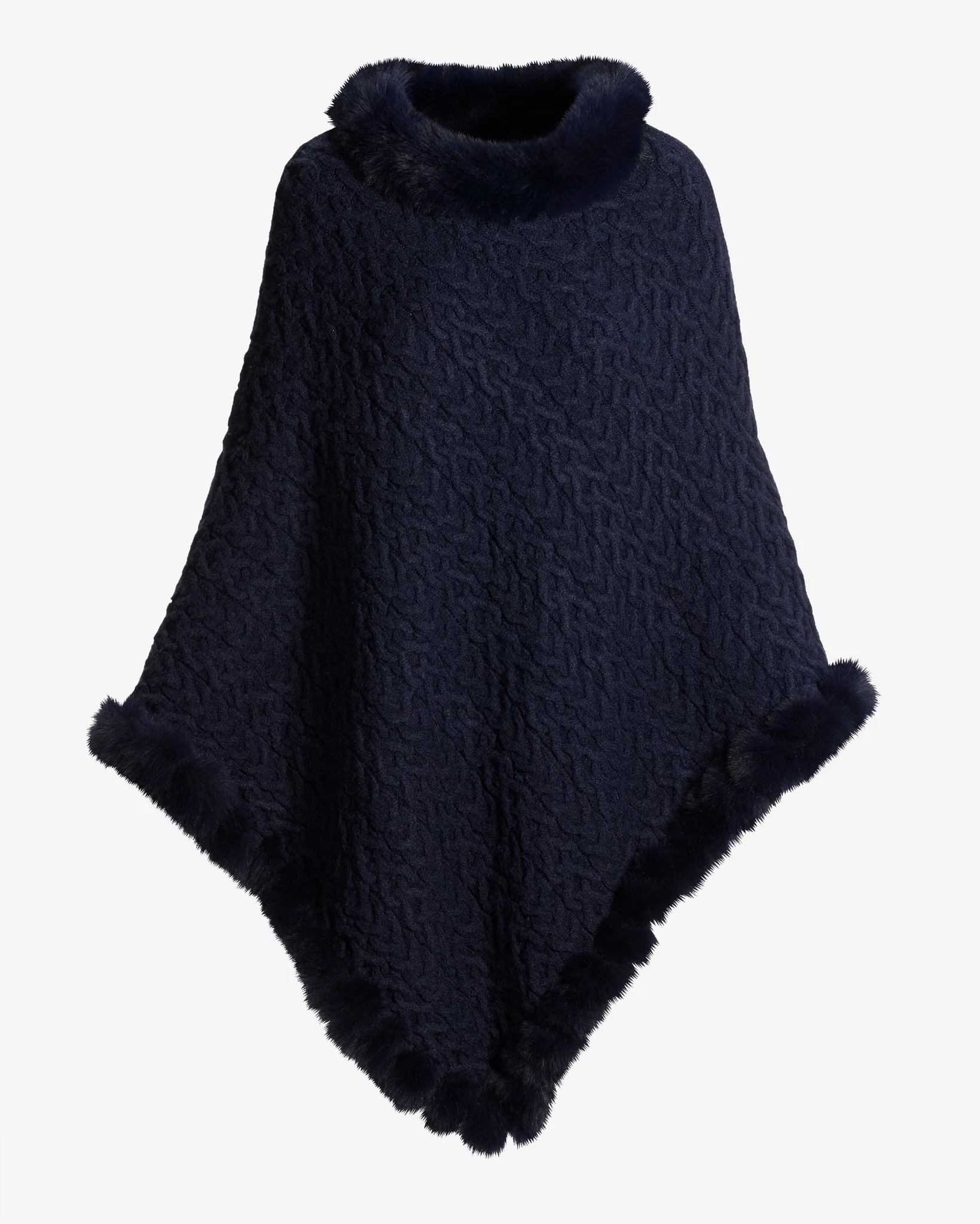Cable Fur Trim Poncho Evening Blue - Mycitystee