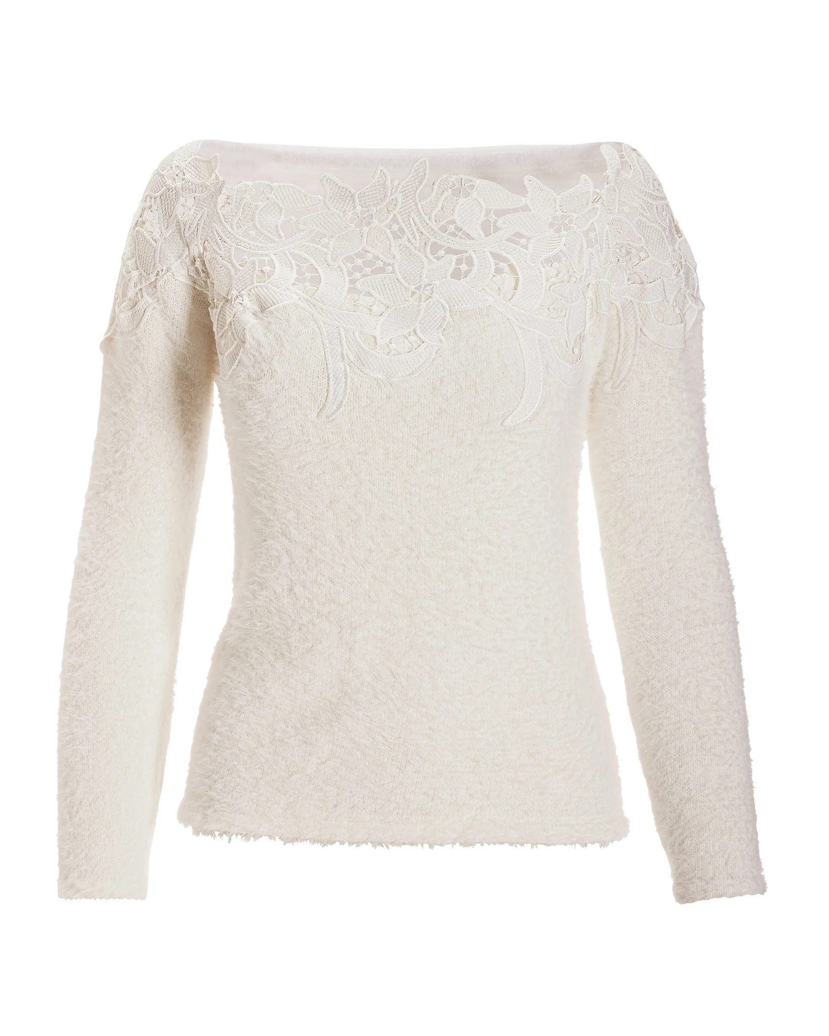 Lace Trim Plush Sweater Off White - Mycitystee