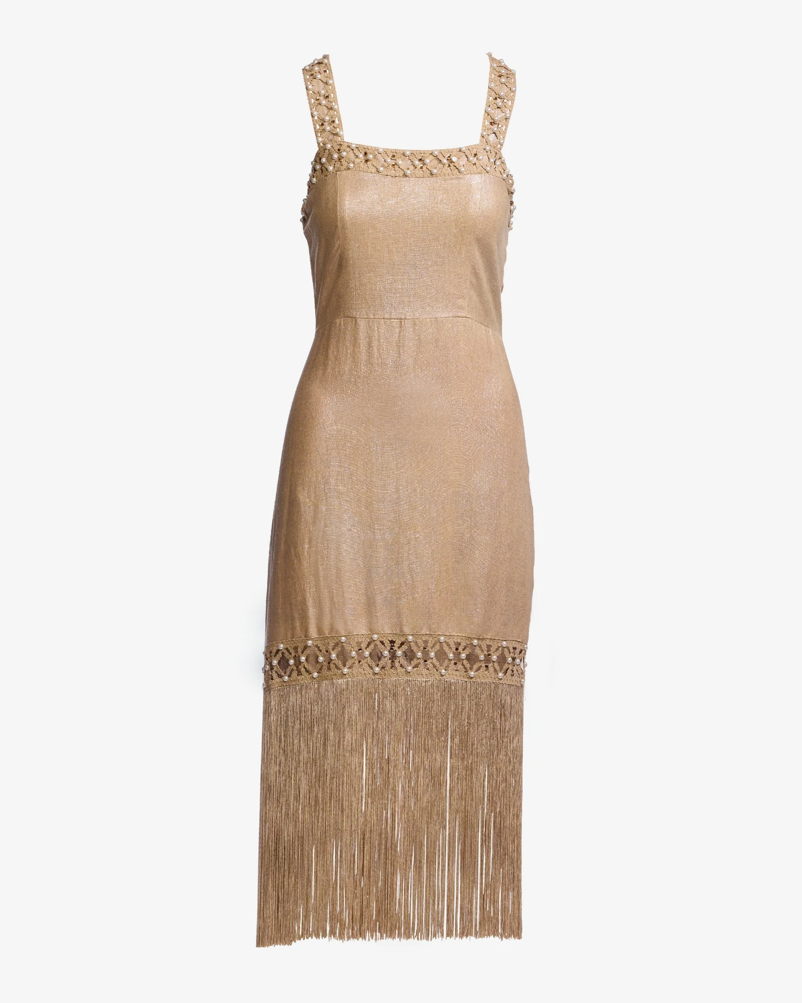 Shimmer Linen Crochet Trim Pearl Embellished Square Neck Fringe Dress Gold - Mycitystee