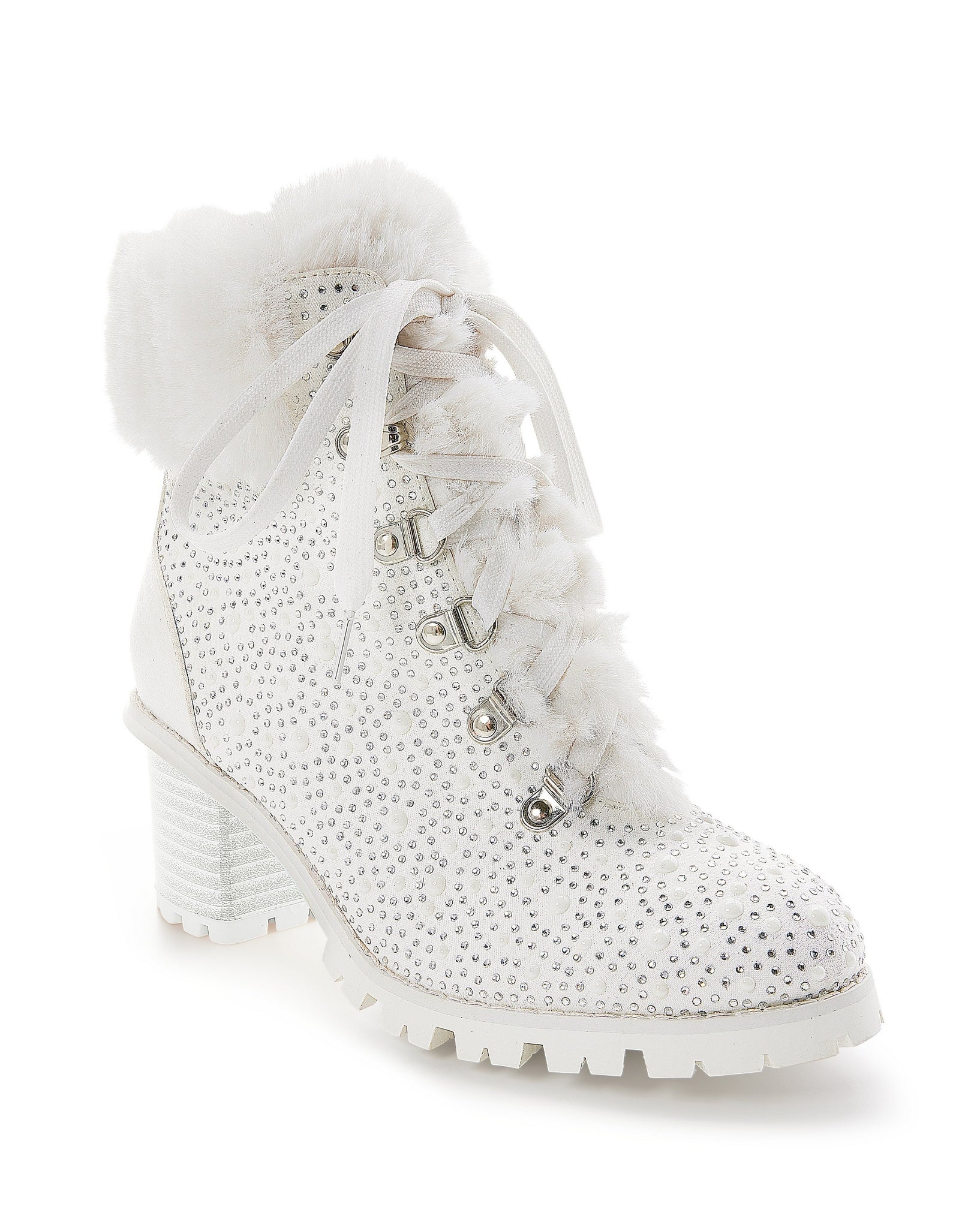 Pearl and Rhinestone Fur Heeled Bootie White - Mycitystee