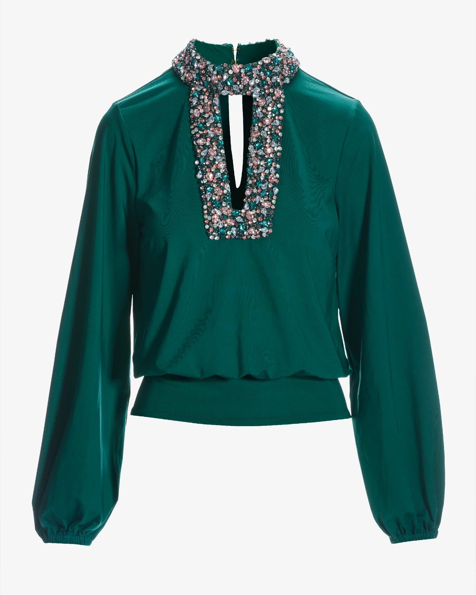 Embellished Keyhole Blouson Top Deep Emerald - Mycitystee