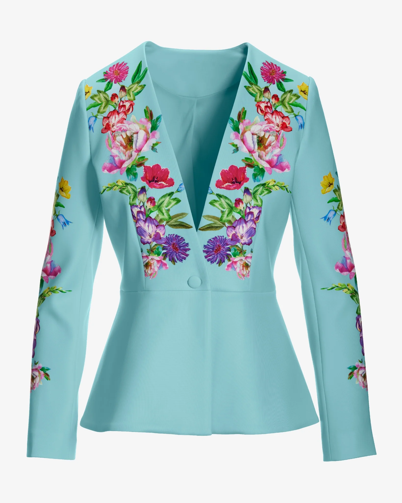 Garden Row Placed Print Peplum Scuba Blazer Blue Tint multi - Mycitystee