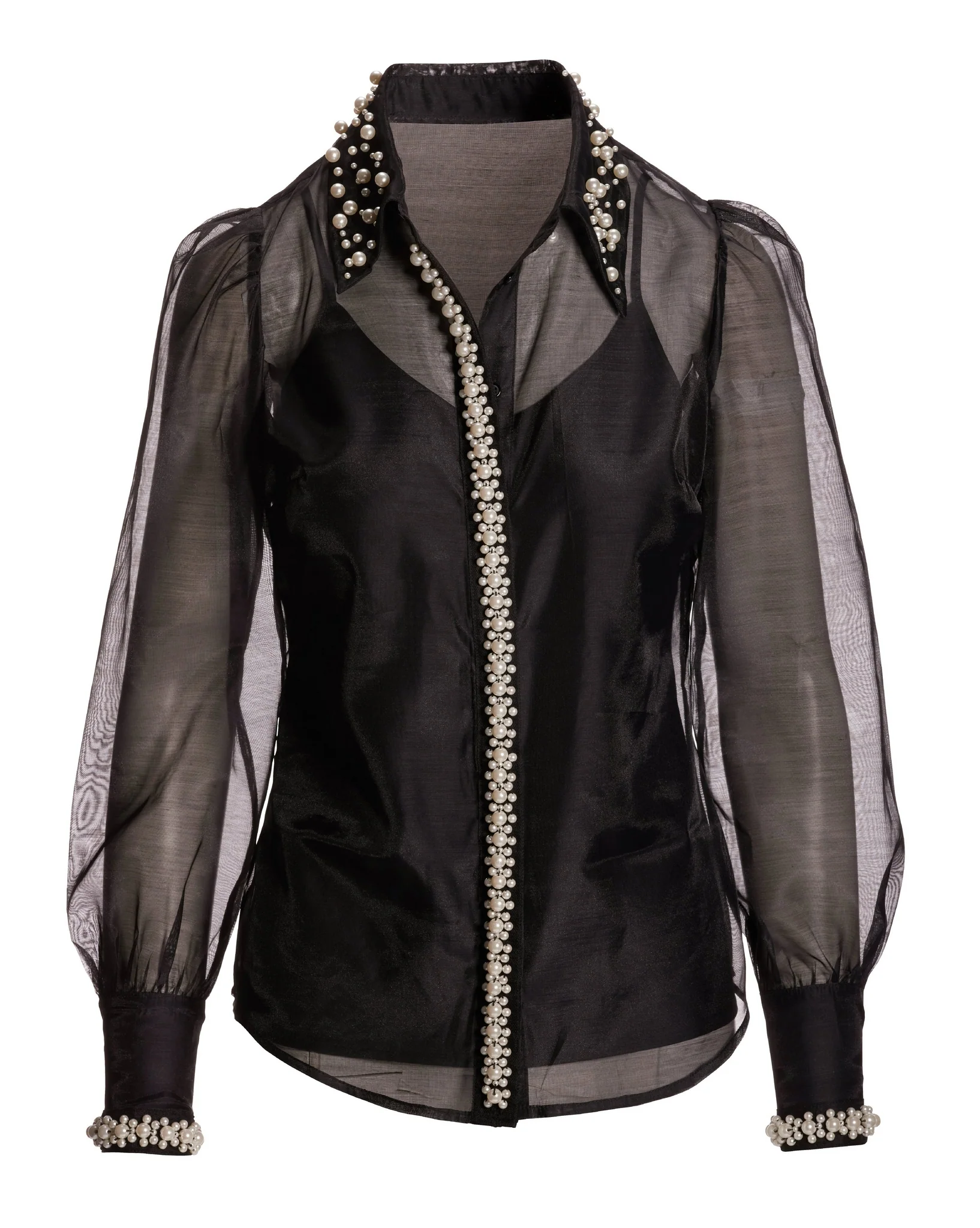 Pearl Embellished Organza Victoria Drama Sleeve Shirt Black - Mycitystee