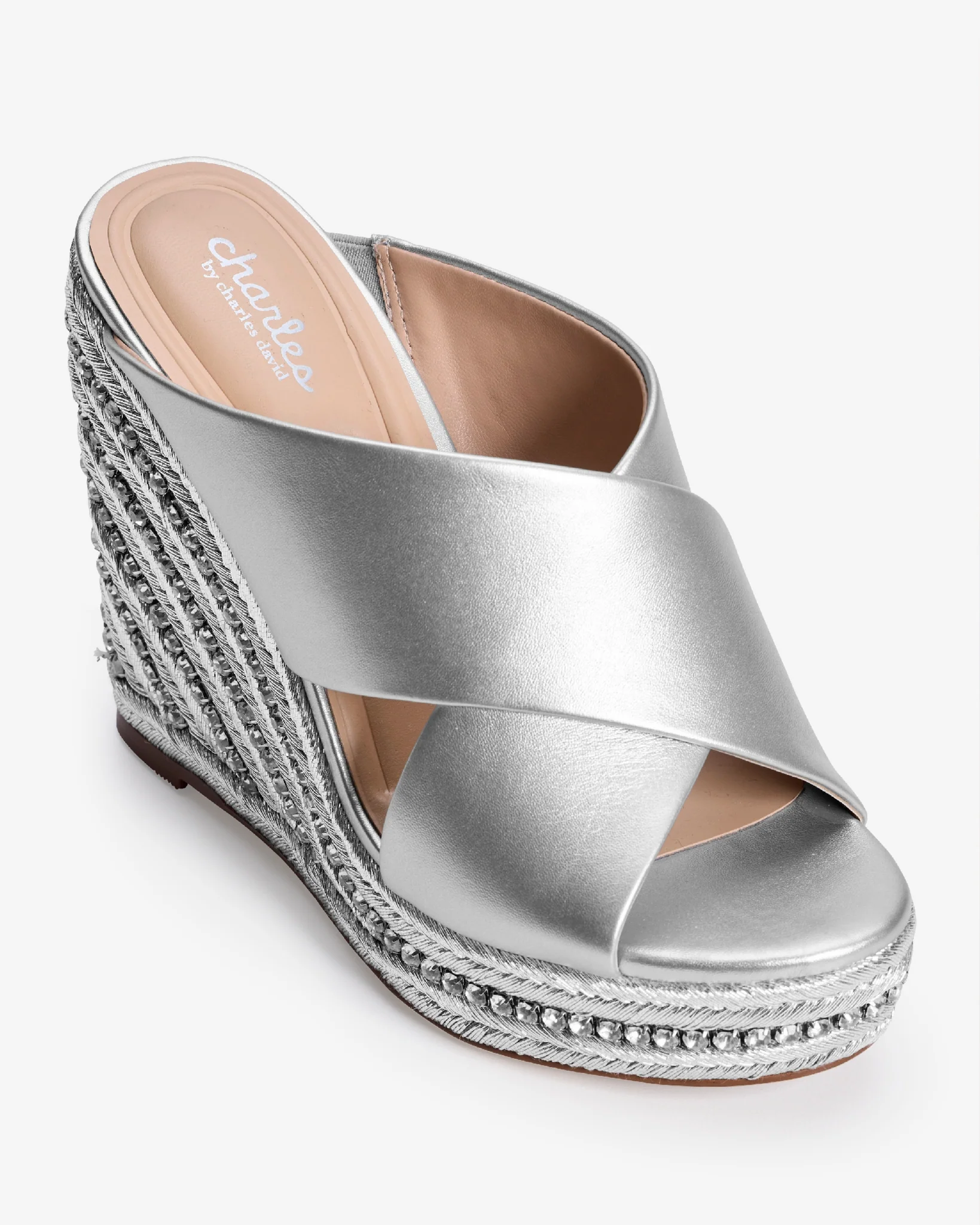 Metallic Criss Cross Rhinestone Wedge Silver - Mycitystee