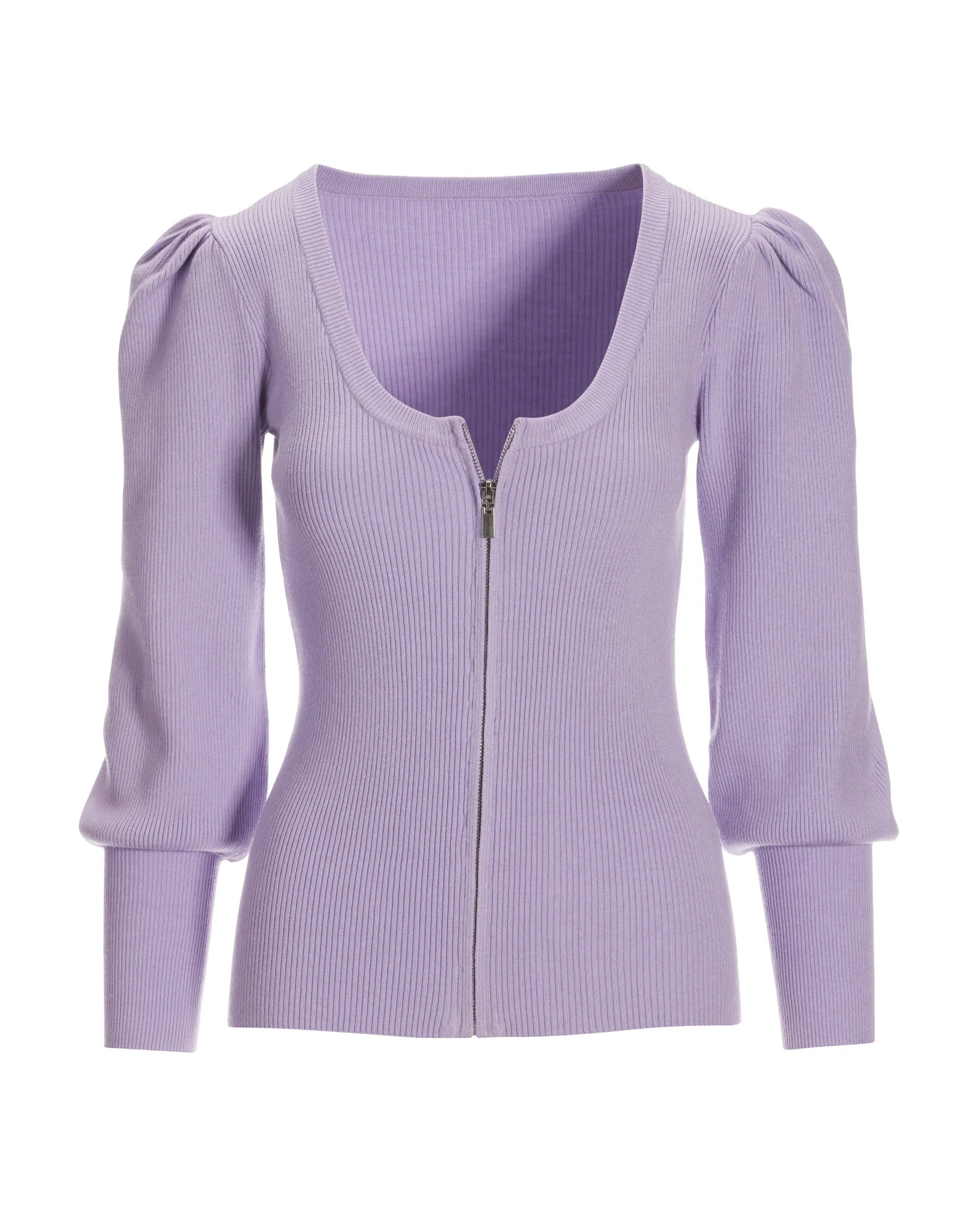 Ribbed Scoop-Neck Zip-Up Cardigan Lavender Ice - Mycitystee