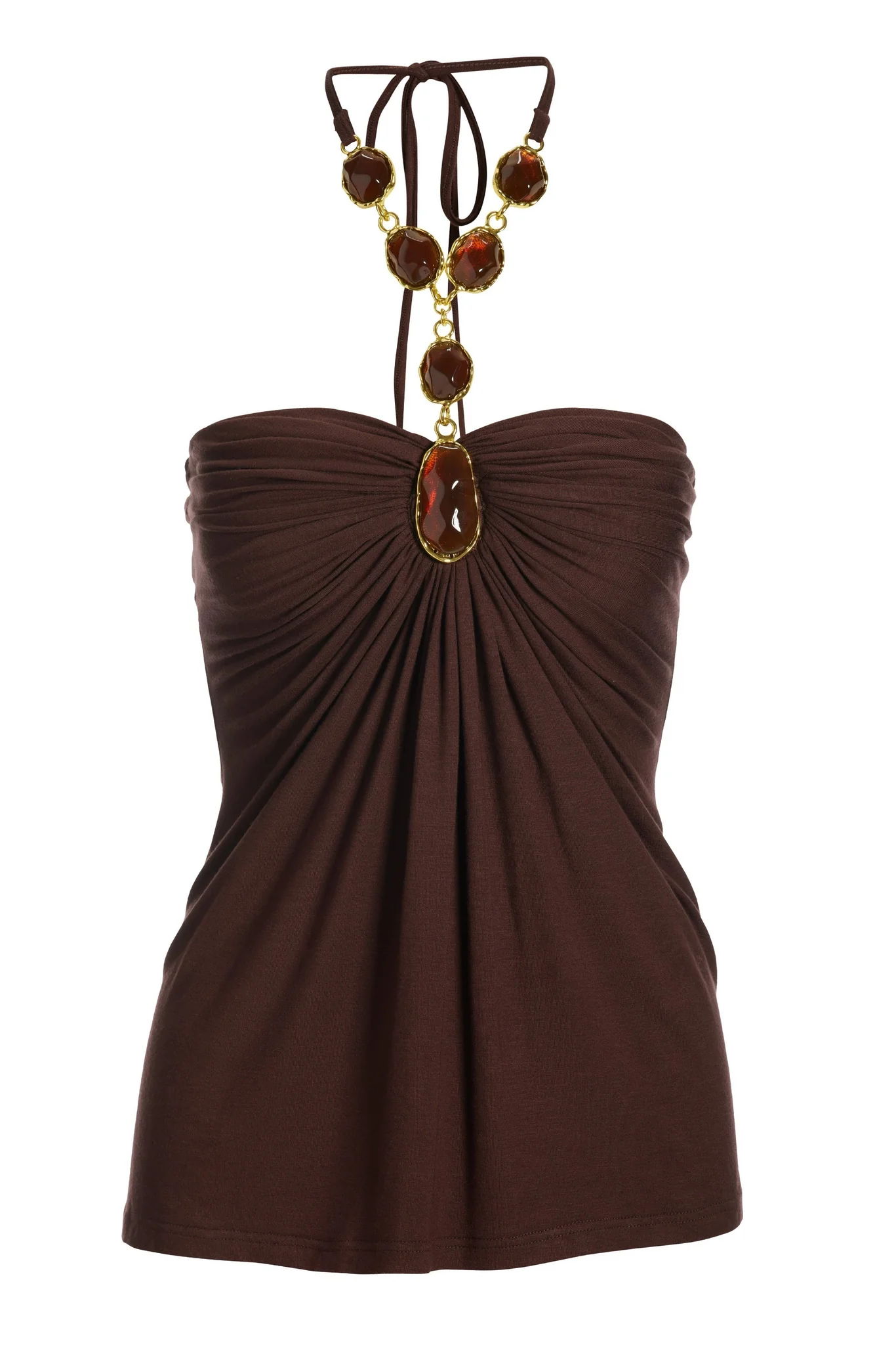 Embellished Trim Ruched Halter Brown - Mycitystee