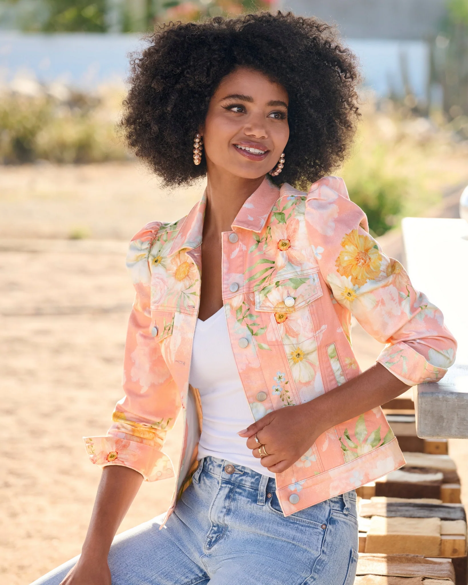 Vintage Blooms Print Puff-Sleeve Denim Jacket Pink - Mycitystee