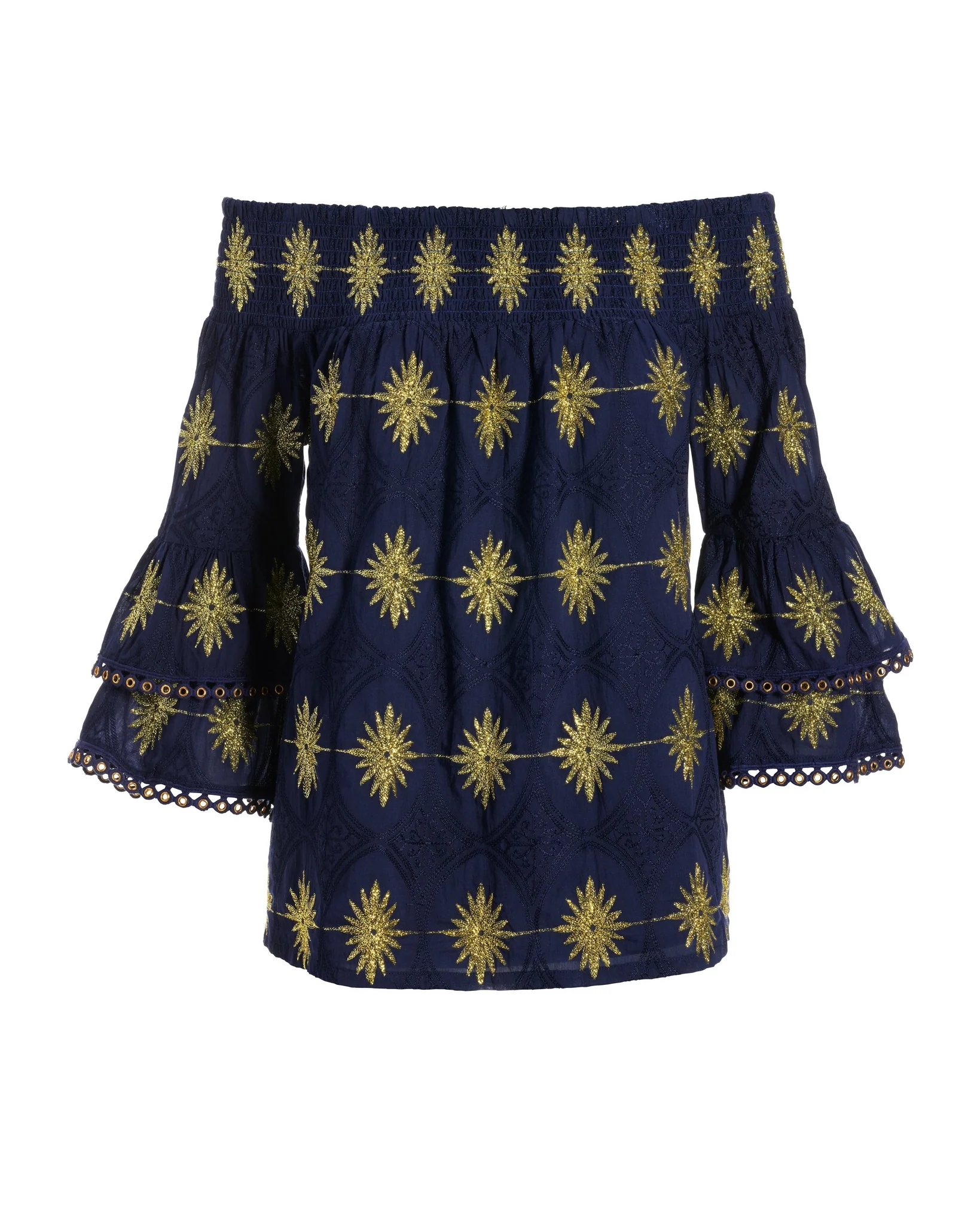 Metallic Off-The-Shoulder Tiered-Sleeve Blouse Navy/Gold - Mycitystee