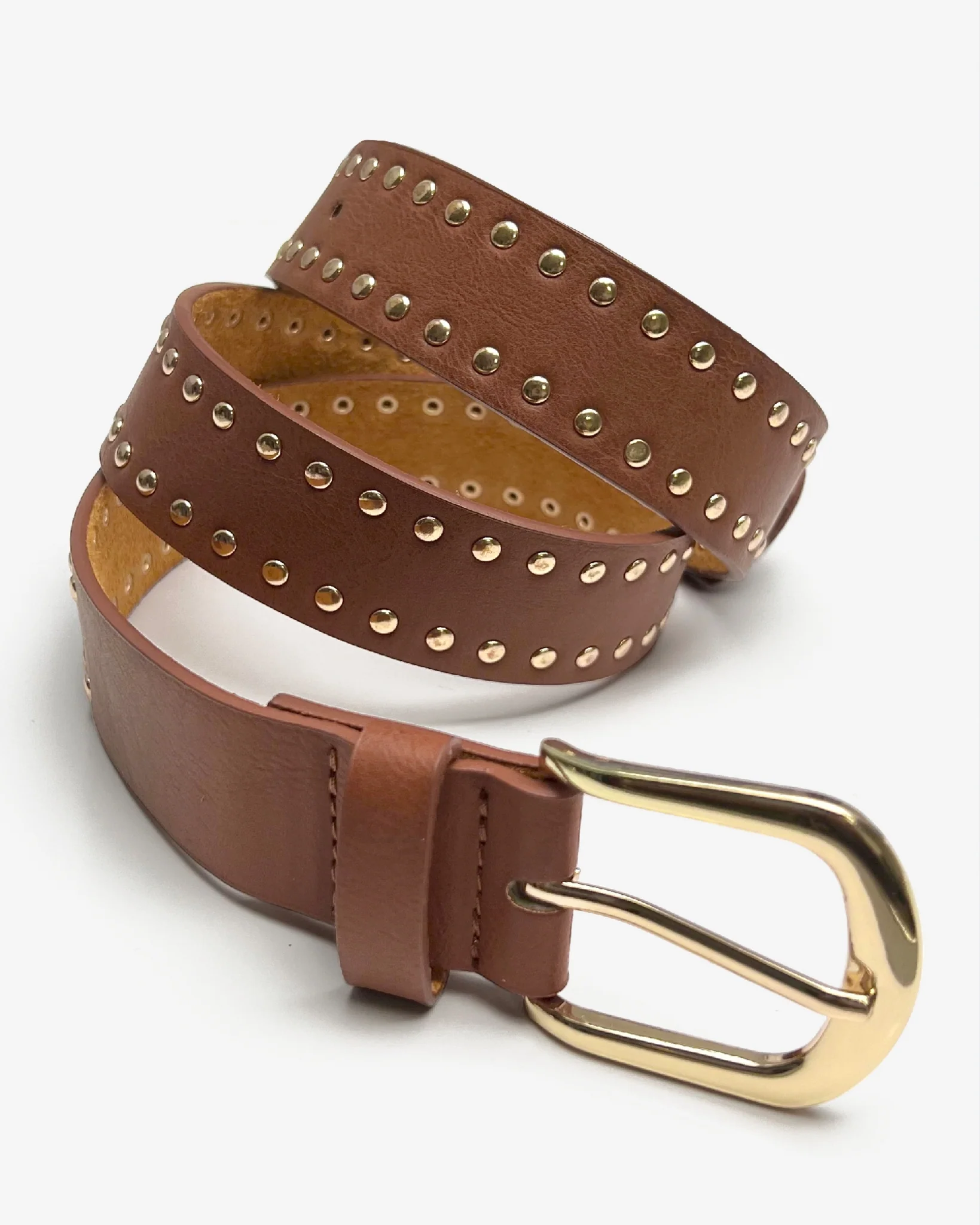Gold Border Studded Belt Cognac Leather - Mycitystee