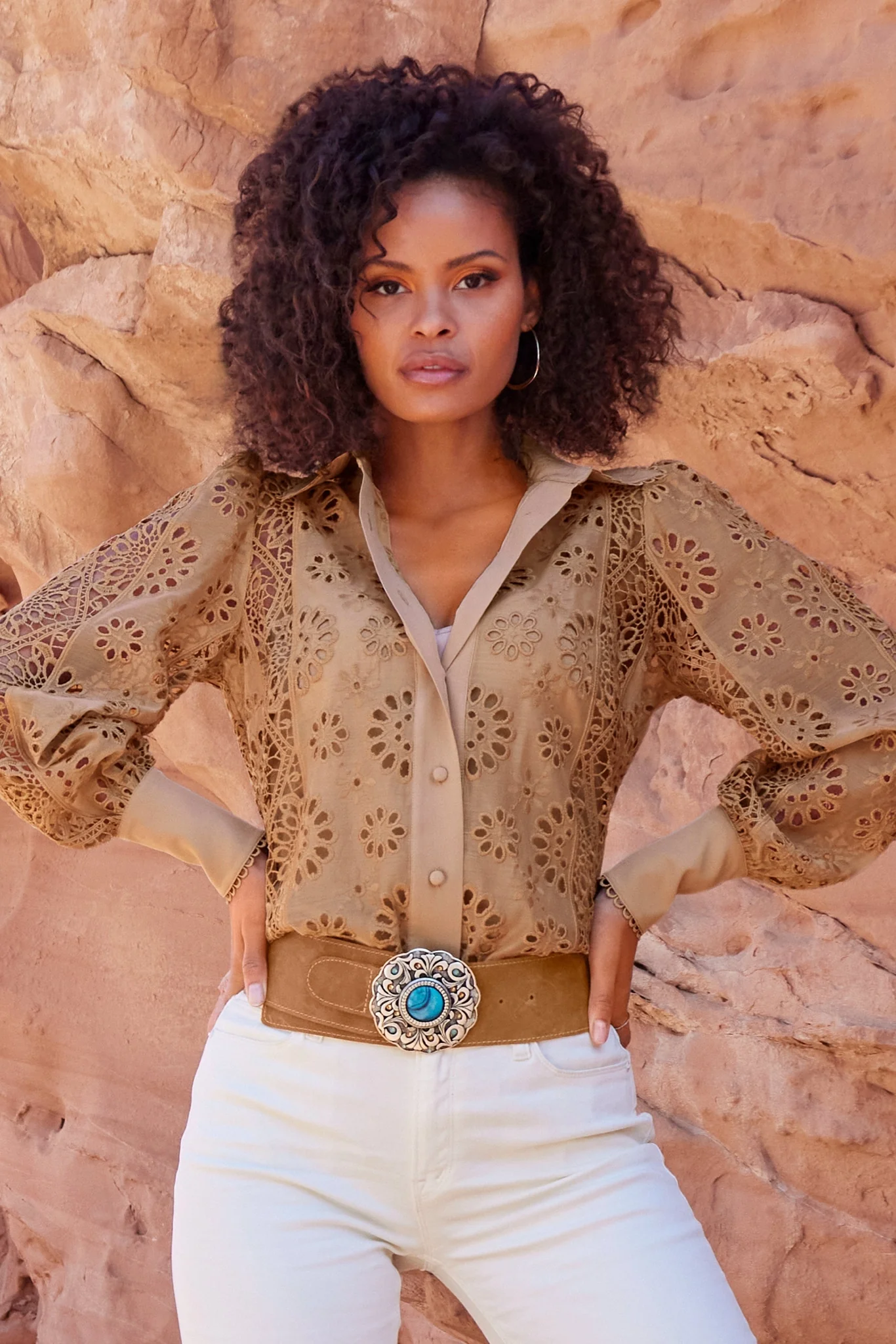 Leather Round Stone Belt Cognac Multi - Mycitystee