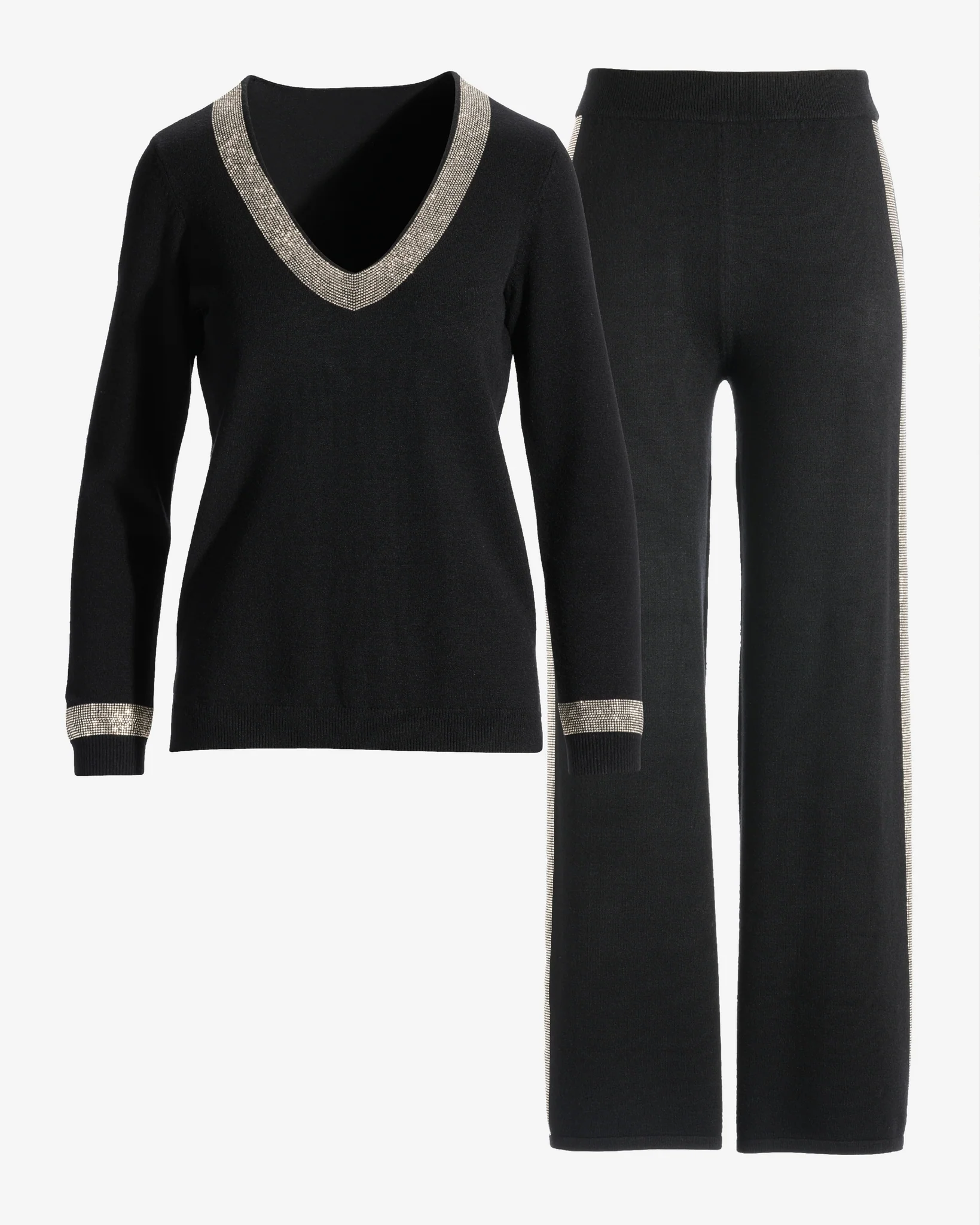 Embellished V Neck Sweater Lounge Set Black - Mycitystee