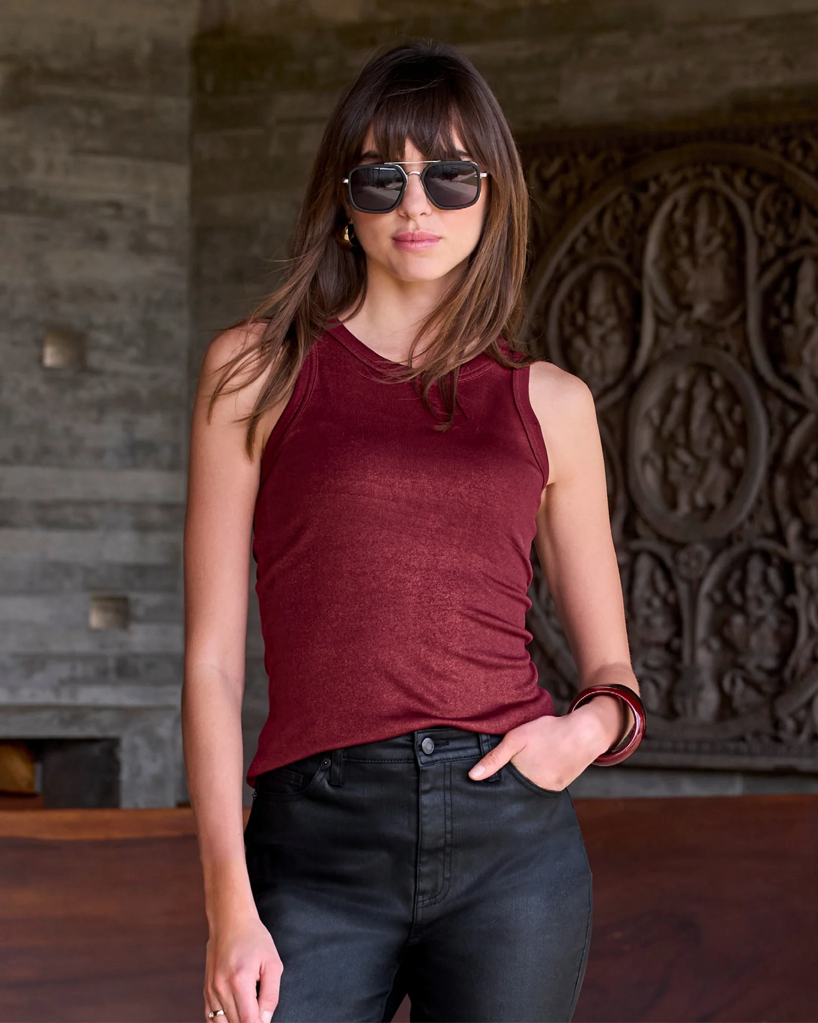So Essential Metallic Ribbed High Neck Tank Black Cherry - Mycitystee