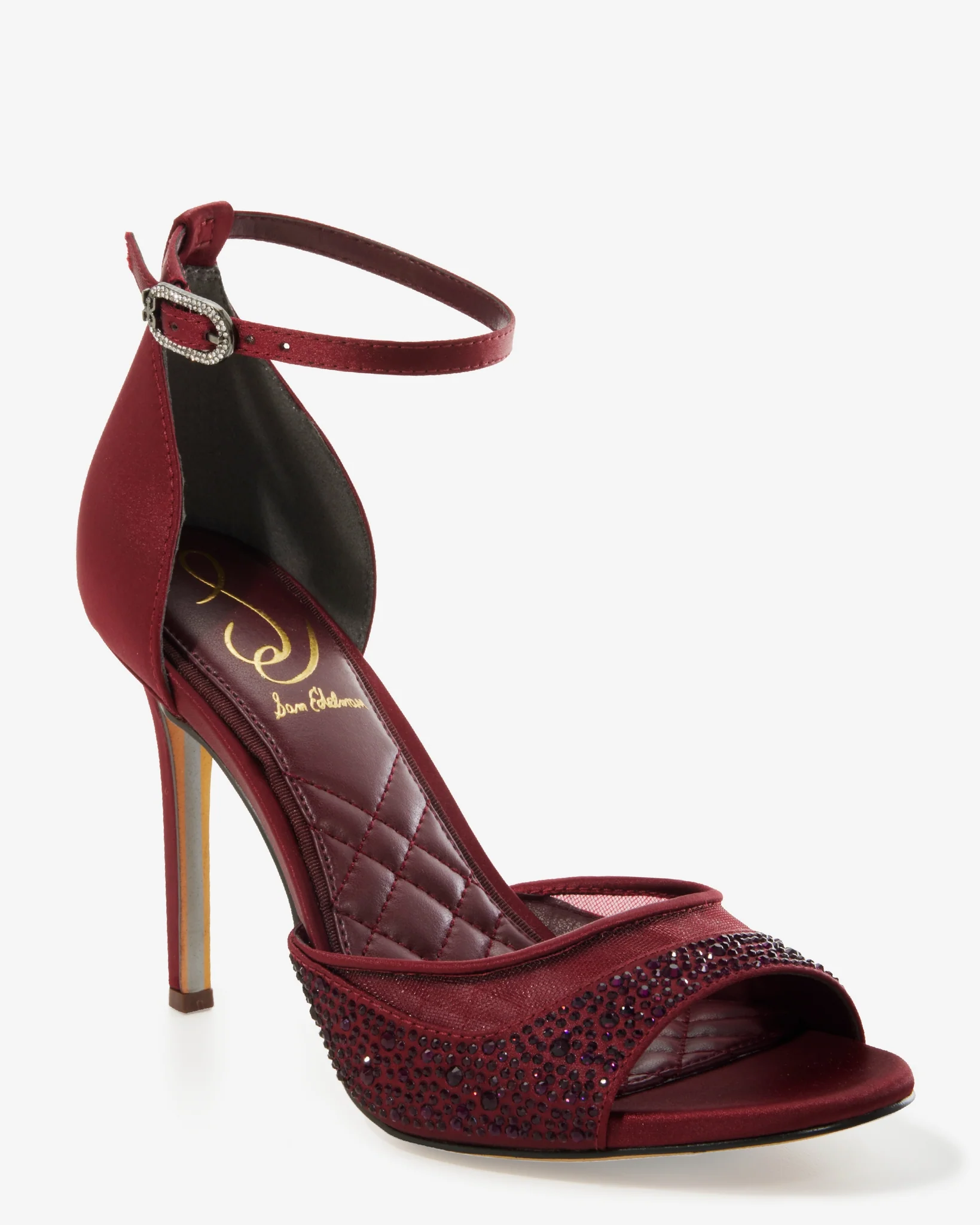 Crystal Embellished Mesh Ankle Strap Heel Burgundy - Mycitystee