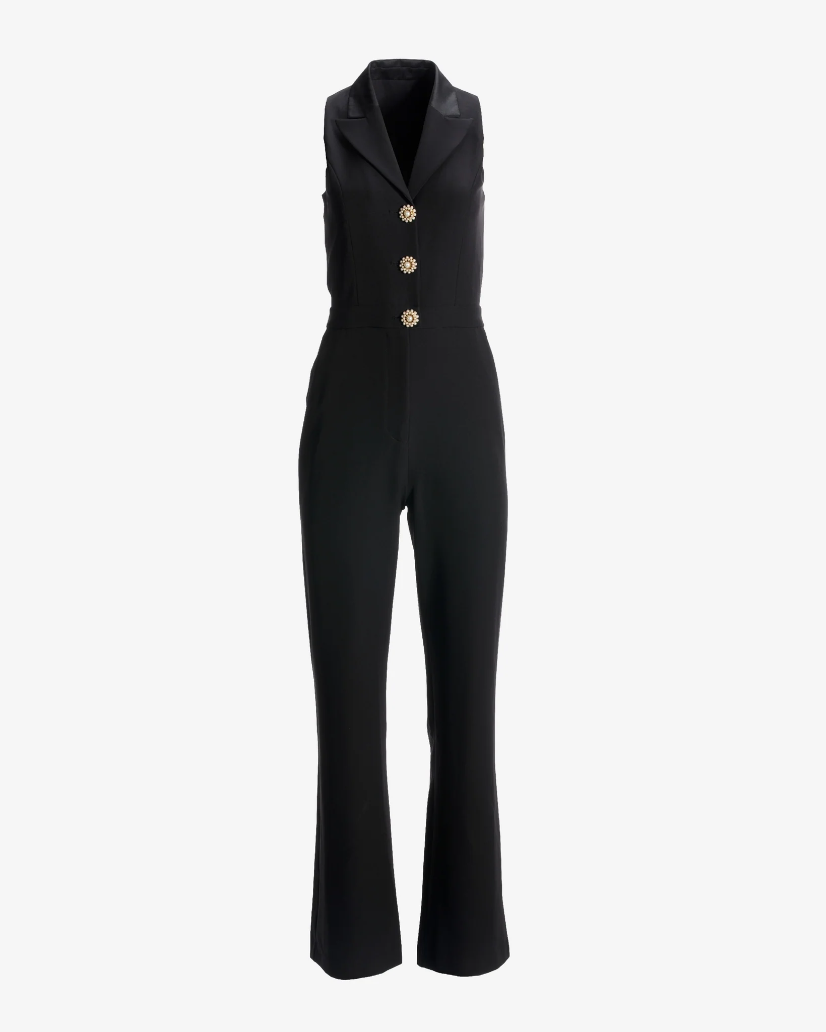 Tuxedo Style Crystal Button Stretch Crepe Jumpsuit Black - Mycitystee