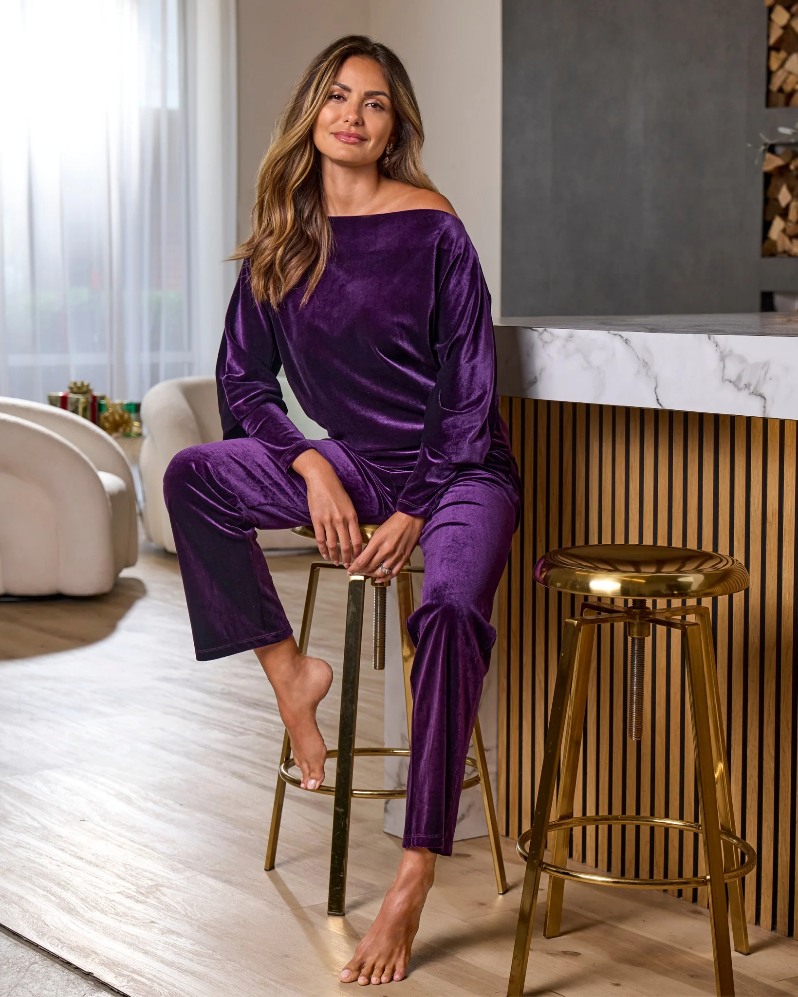 Chic Velour Slouchy and Wide Leg Lounge Set Deep Purple - Mycitystee