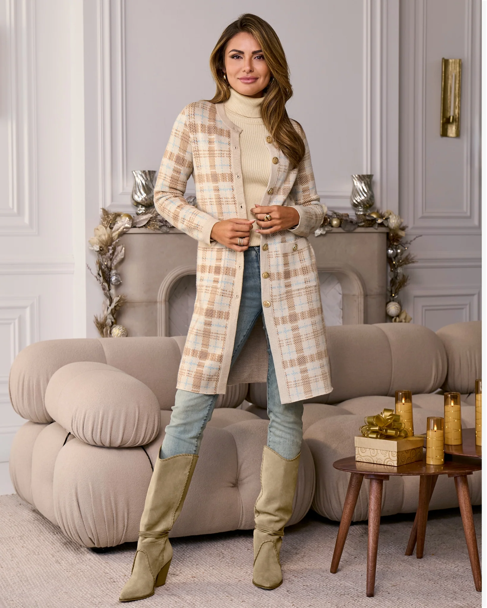 Plaid Crested Button Sweater Duster Cozy Plaid - Mycitystee