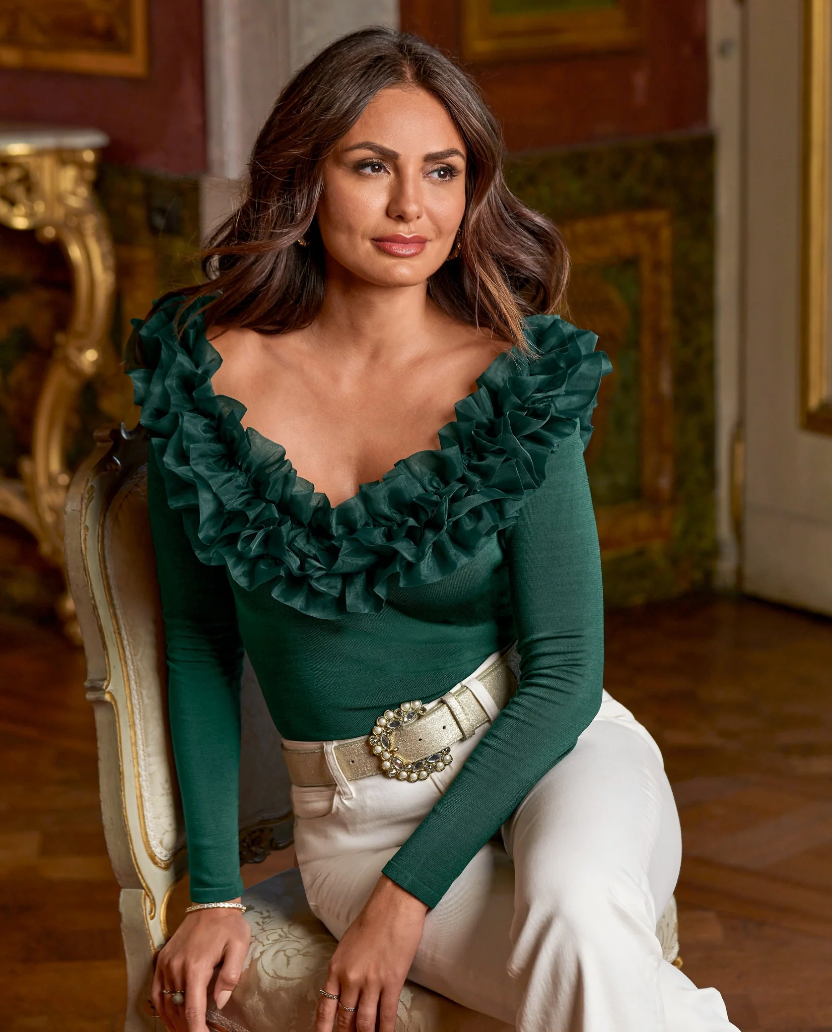 Organza Ruffle V Neck Sweater Deep Emerald - Mycitystee