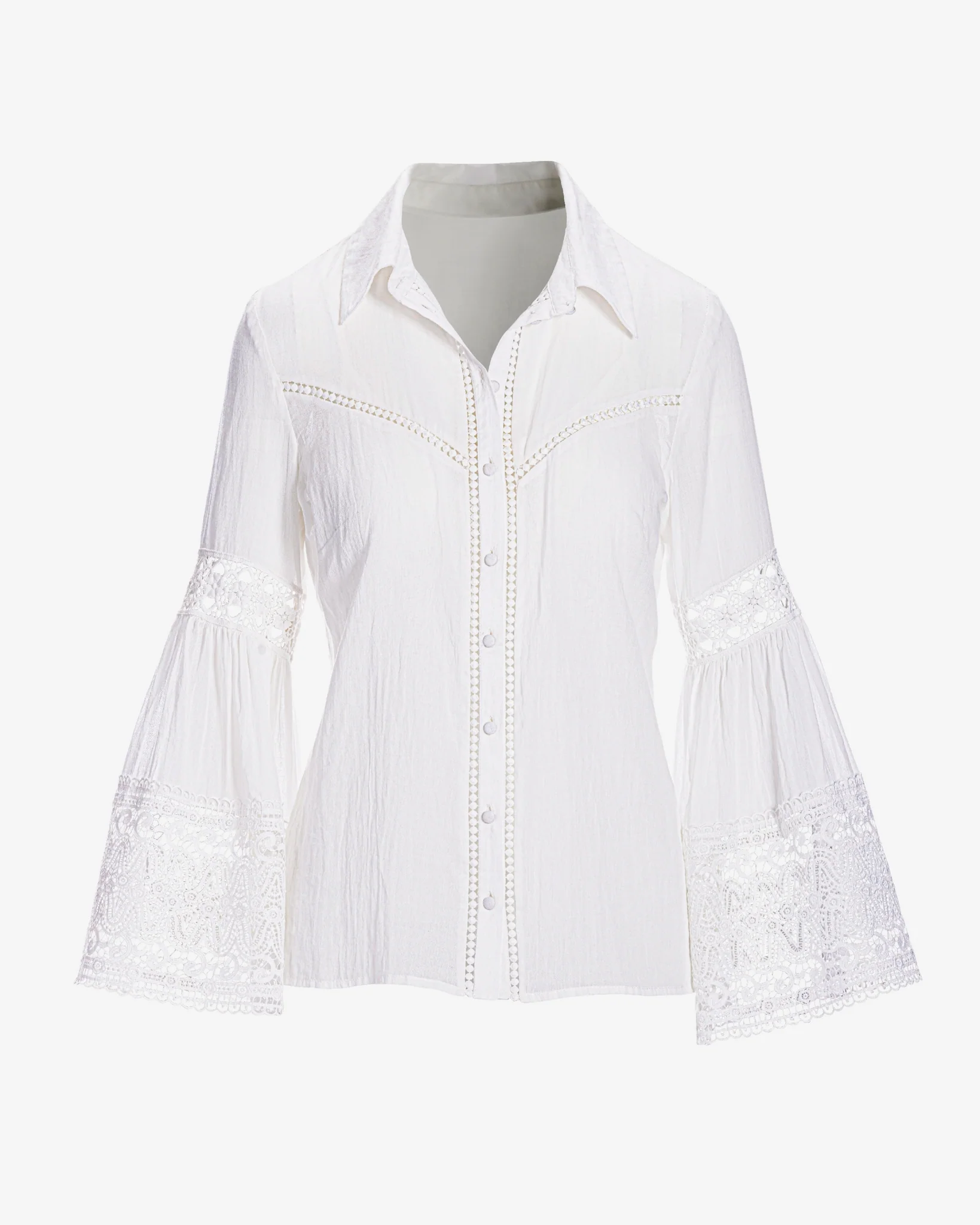 Flare sleeve Lace Trim Cotton Button Up Shirt White - Mycitystee