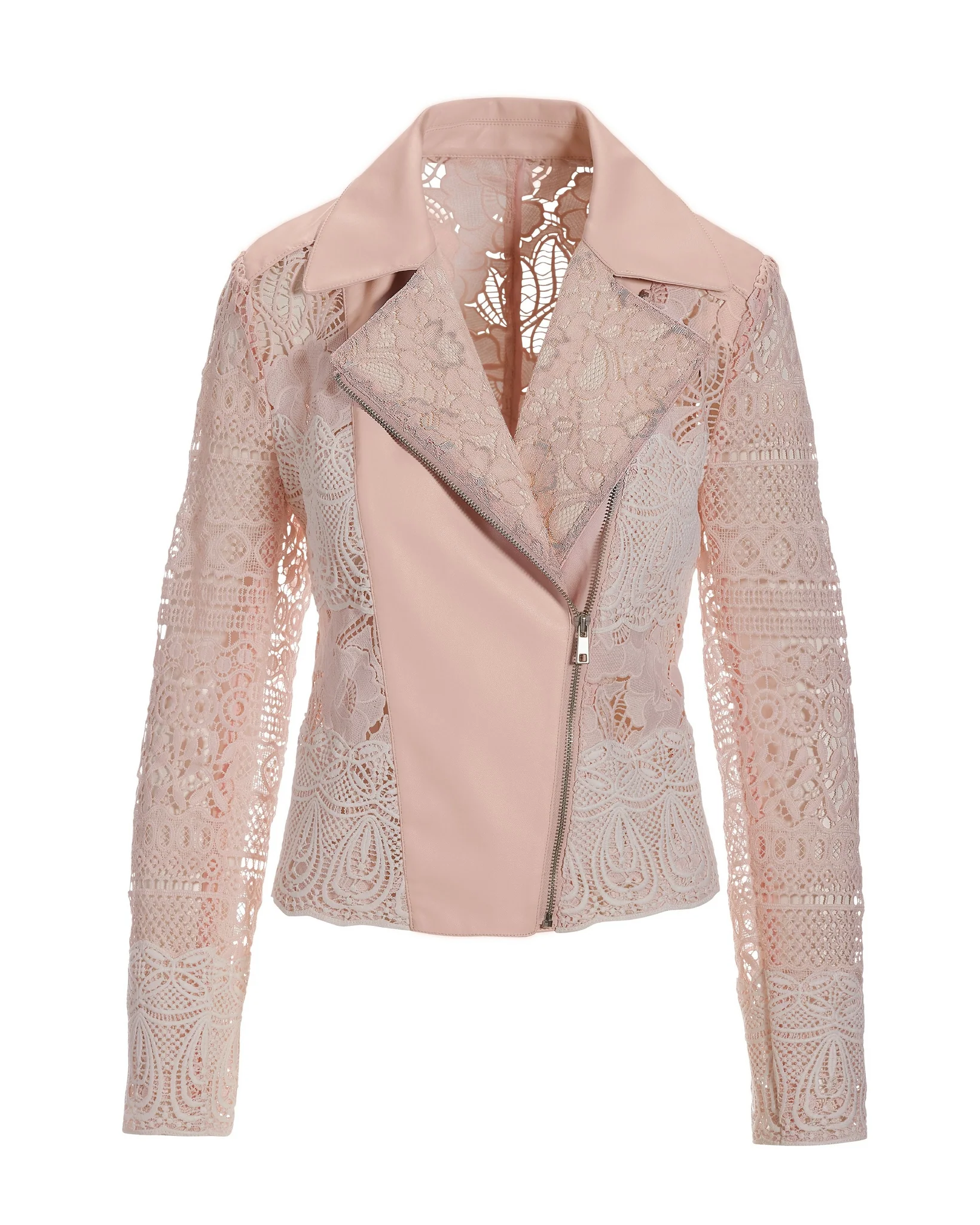 Lace Faux-Leather Moto Jacket Light Pink - Mycitystee