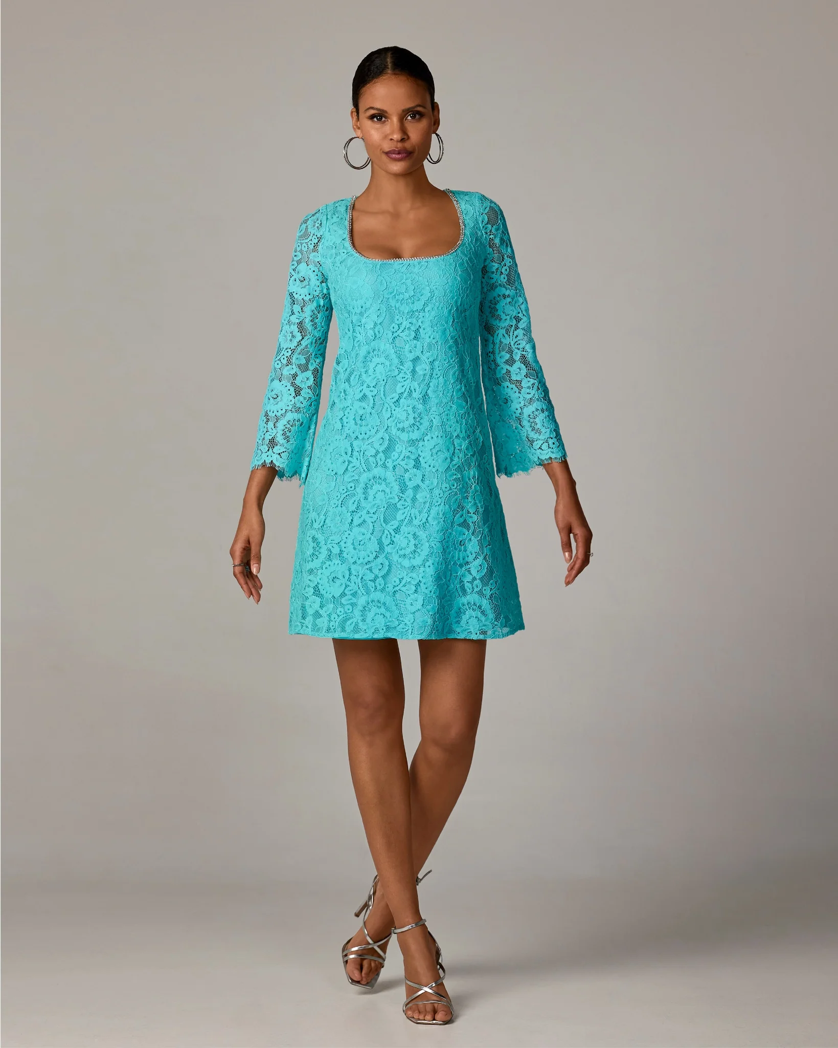 Delicate Lace Crystal Trim A Line Dress Blue Radiance - Mycitystee