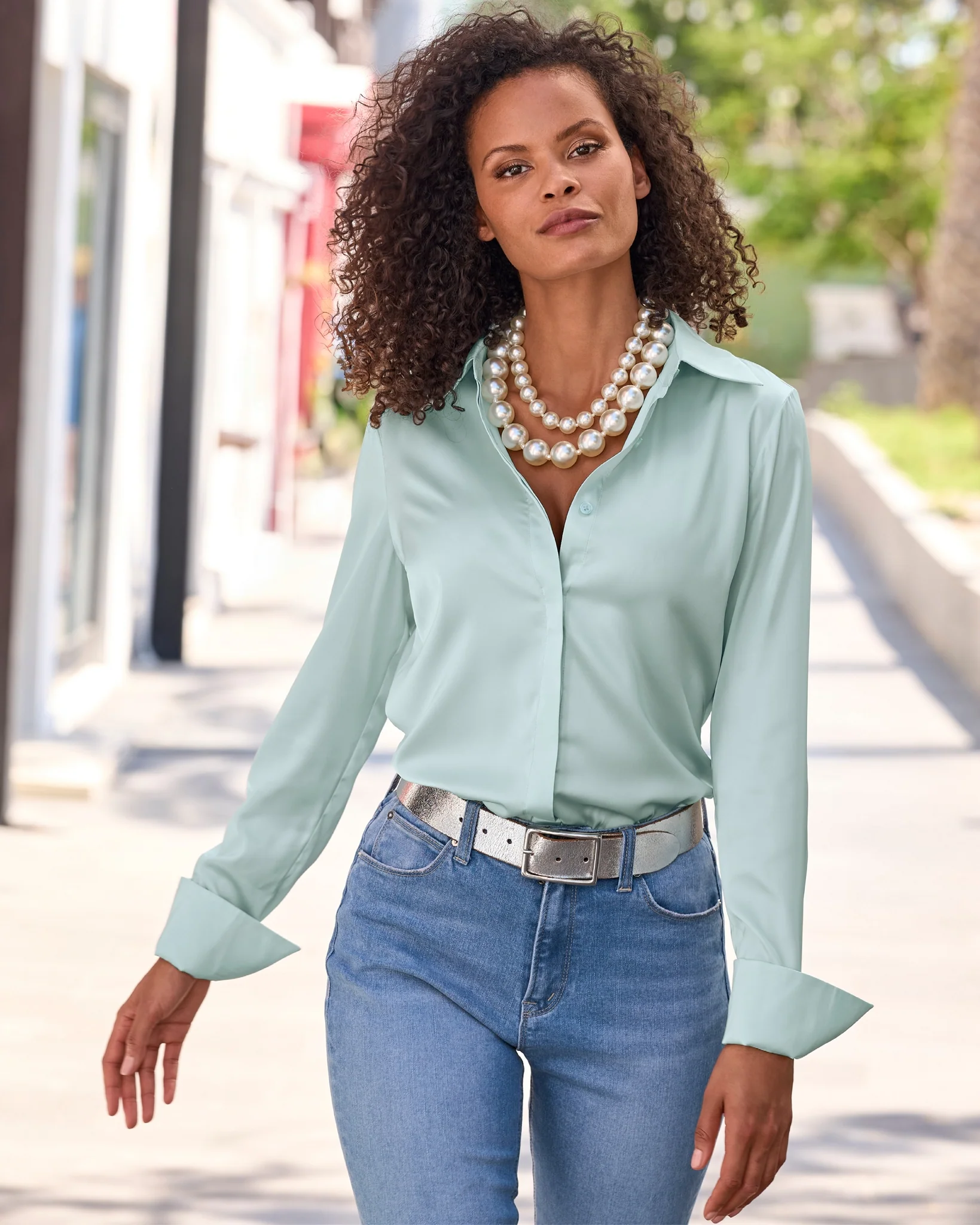 Sophia Button-Up Charmeuse Blouse Pale Mint - Mycitystee