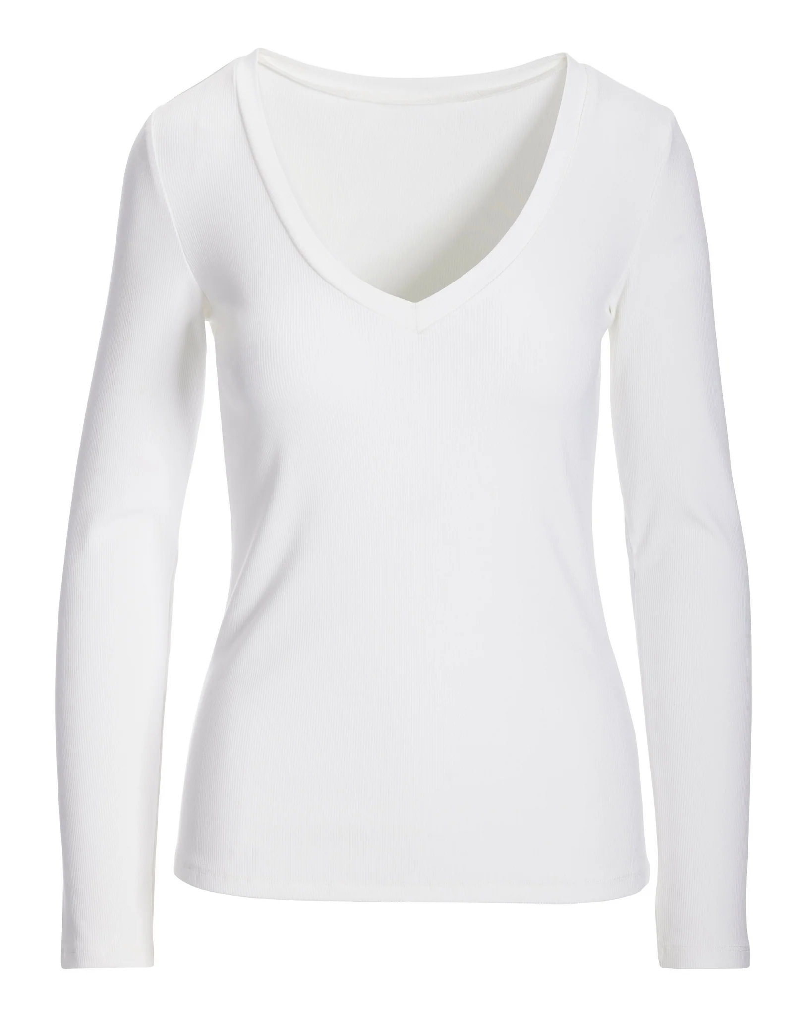 So Essential Ribbed V Neck Long Sleeve Top Pure White - Mycitystee