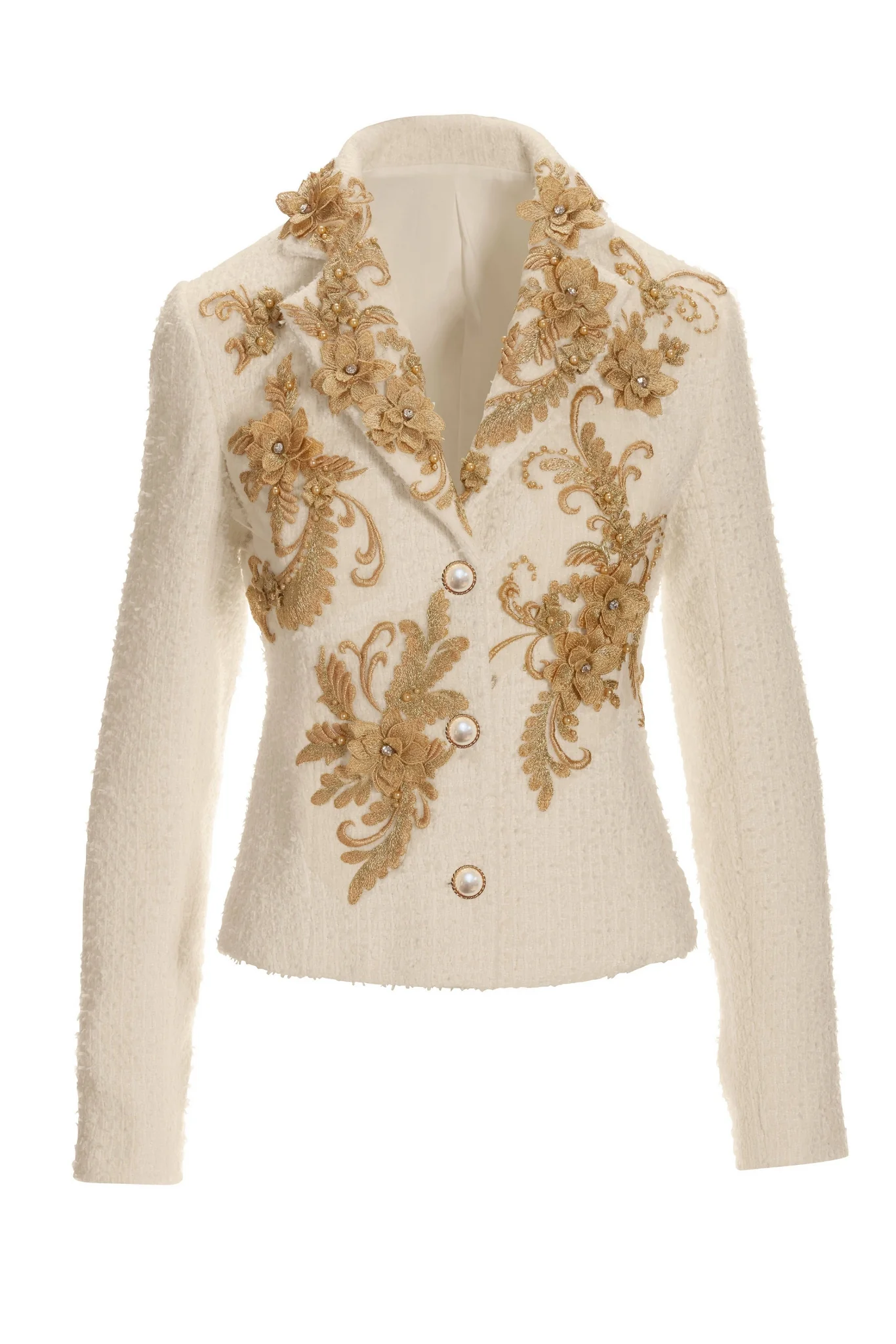 Metallic Floral Appliqu Tweed Parisian Jacket Off White/Gold - Mycitystee