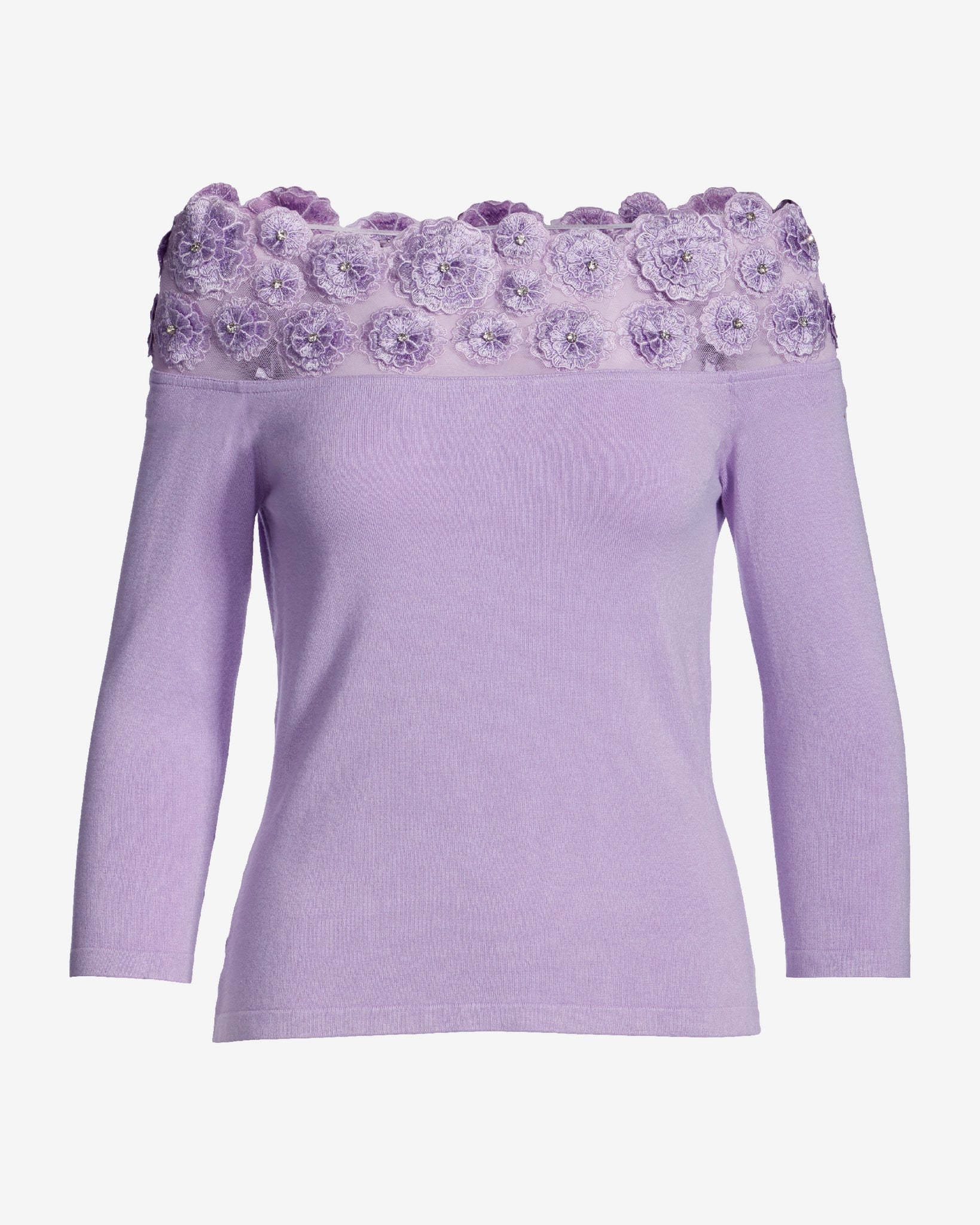 Floral Embellished Off the Shoulder Sweater Pastel Lilac - Mycitystee