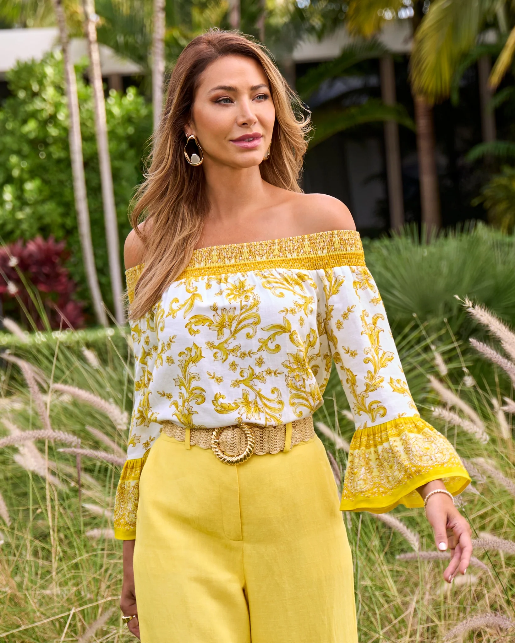 Off The Shoulder Linen Print Blouse Regal Tiles - Mycitystee