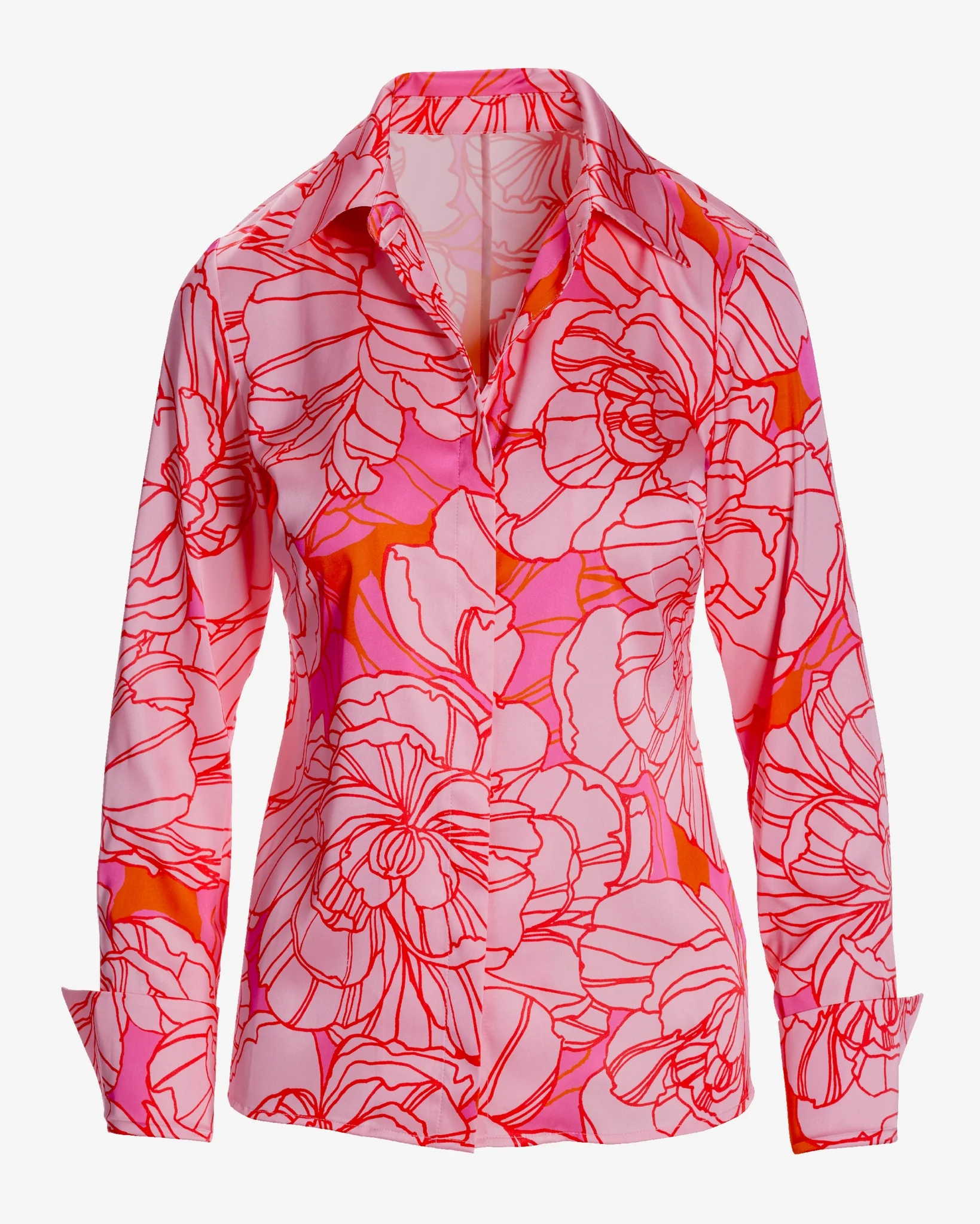 Blooming Outlines Print Sophia Button Up Charmeuse Blouse Pink - Mycitystee