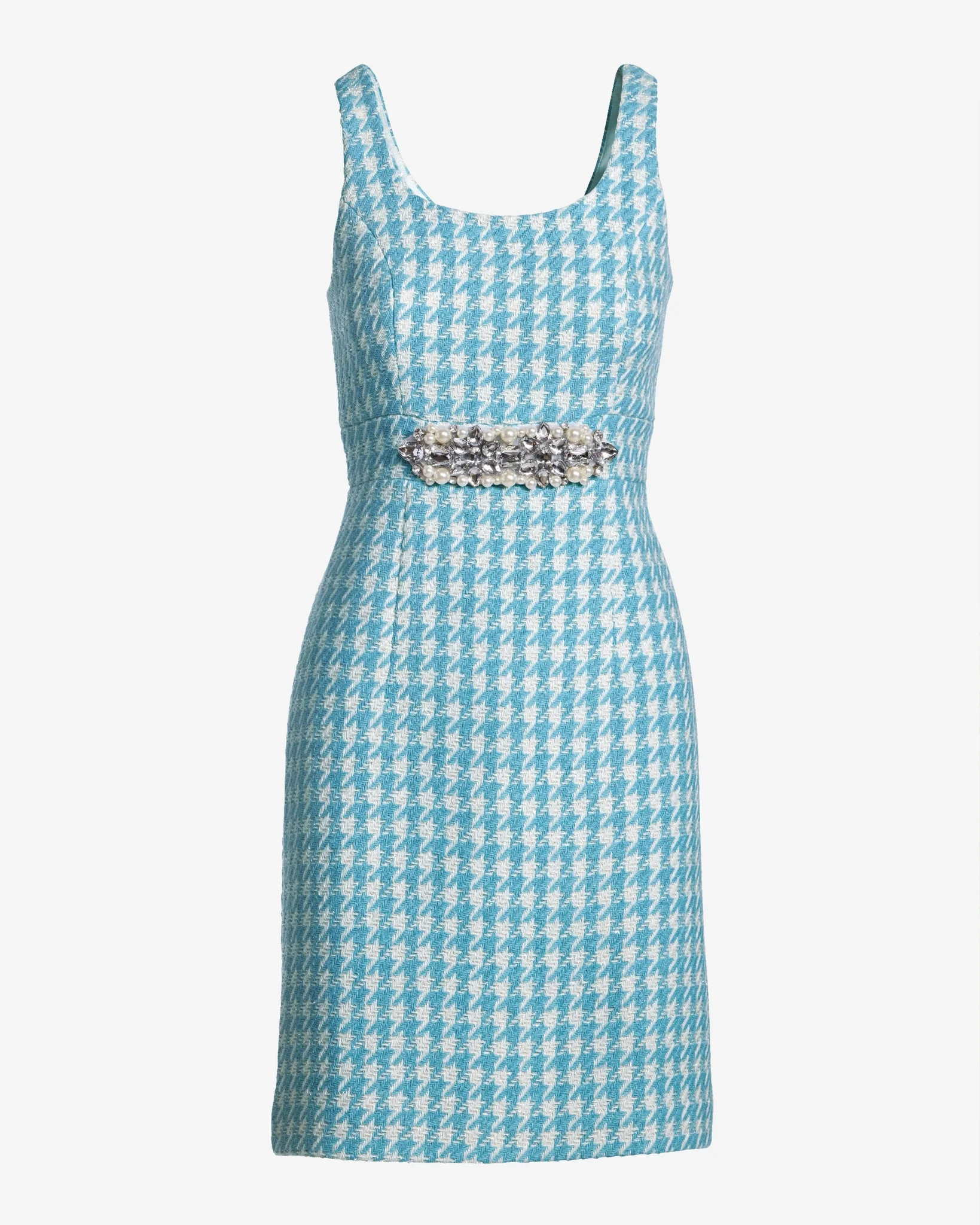 Houndstooth Tweed Embellished Sheath Dress Blue/White - Mycitystee