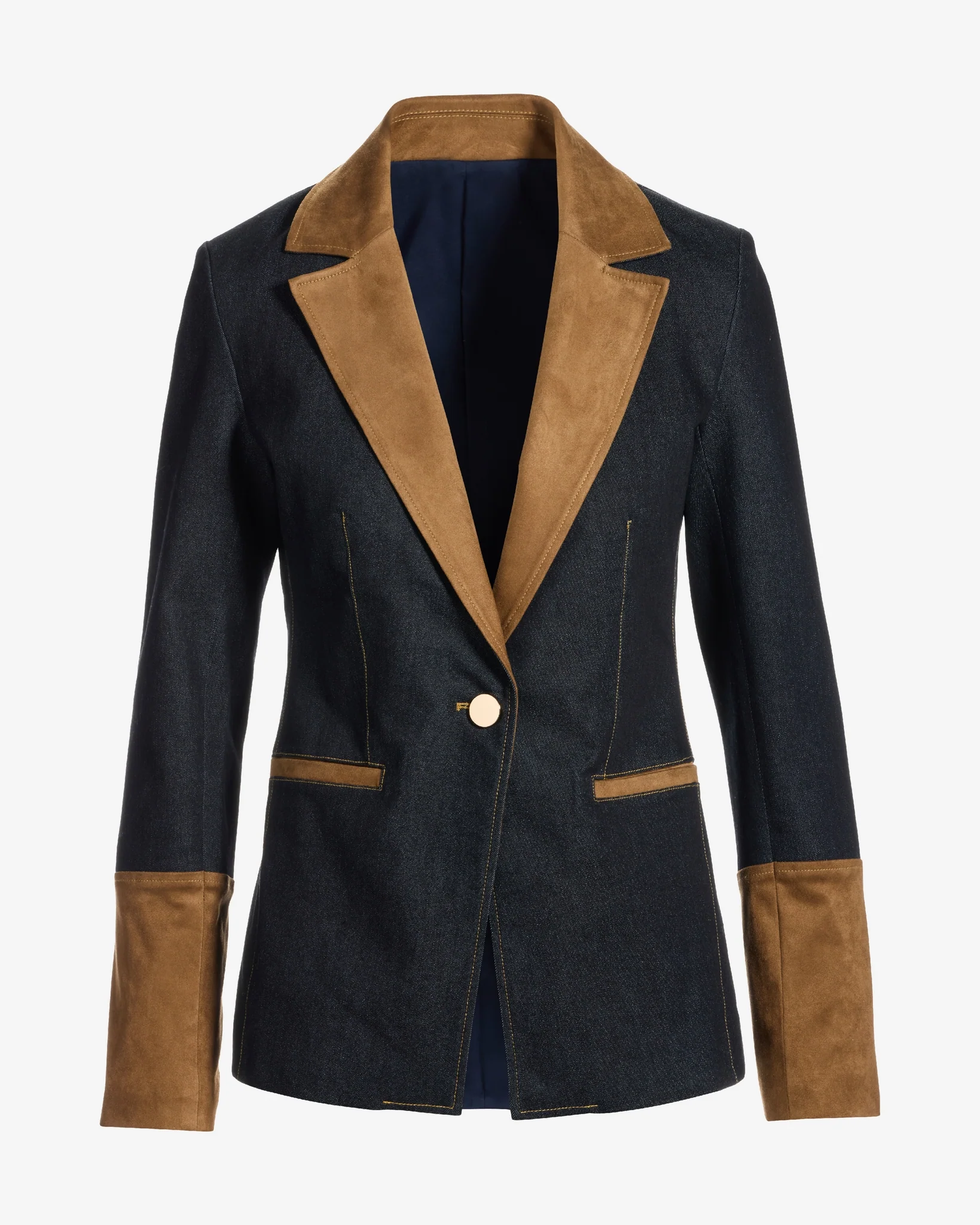 Faux Suede Trim Denim Single Button Blazer Rinse - Mycitystee